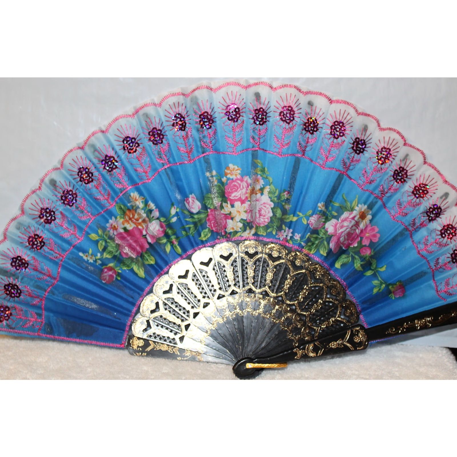 Vintage Vintage Hand Fan Small Flower Sequin Decoration A5 Size ONE SIZE - 2 Thumbnail