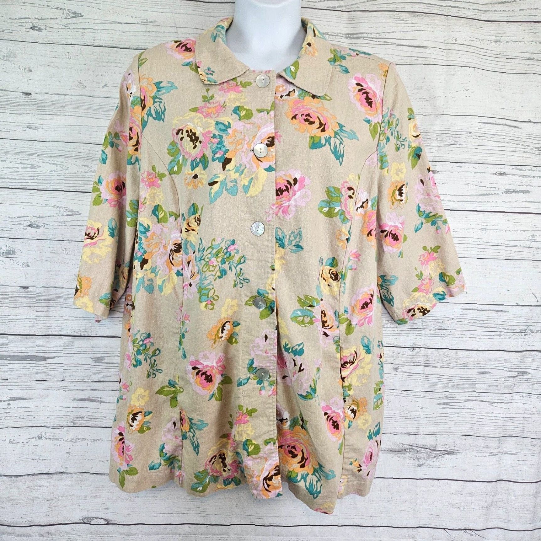 Vintage Woman Within Womens Button Front Top 1X Pink Floral Linen Blend Shirt Womens Size XL / US 12-14 / IT 48-50 - 2 Thumbnail