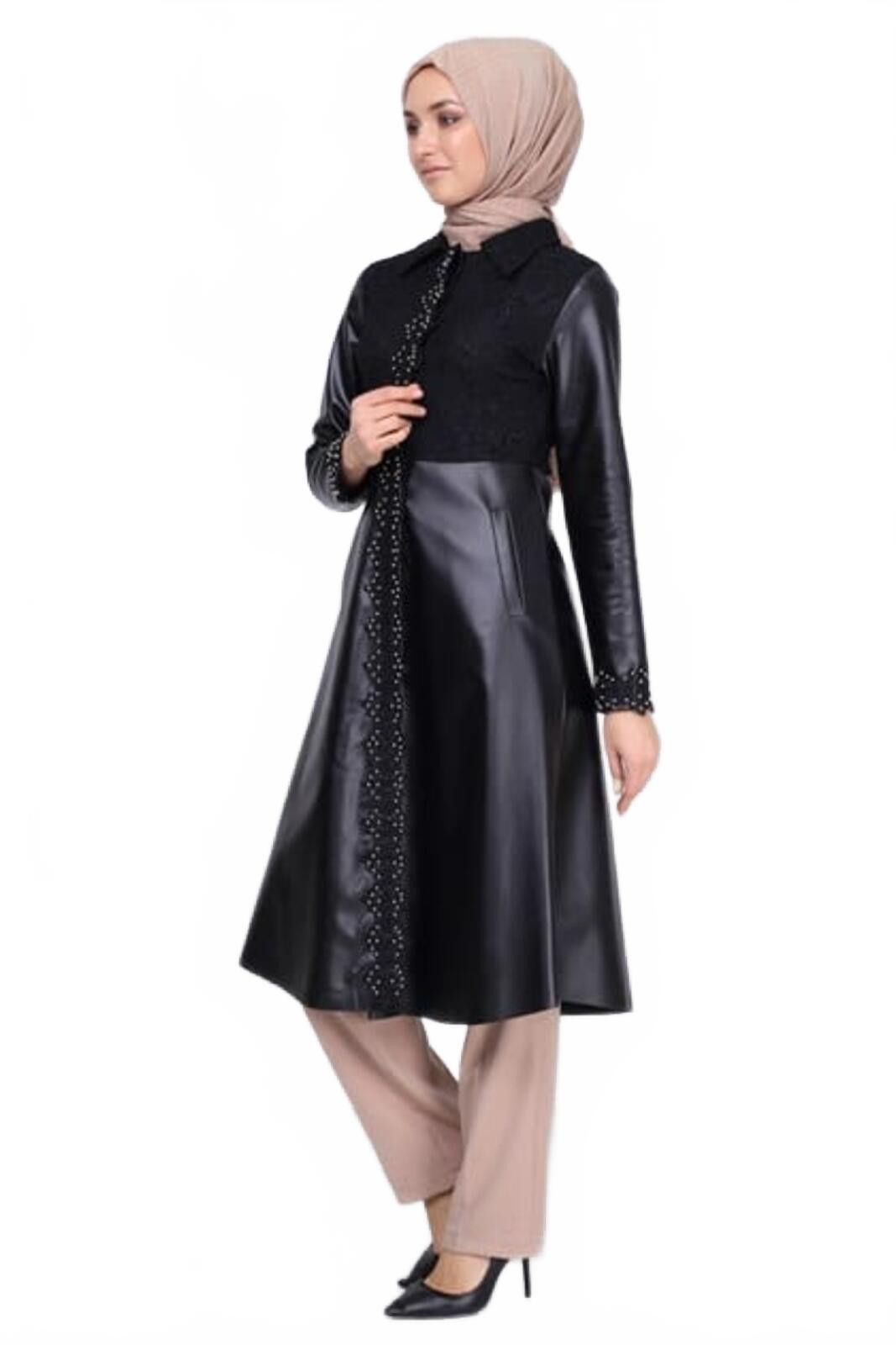 The Unbranded Brand Elegant Black Faux Leather and Lace Long Coat, Size - 6 Size M / US 6-8 / IT 42-44 - 5 Thumbnail