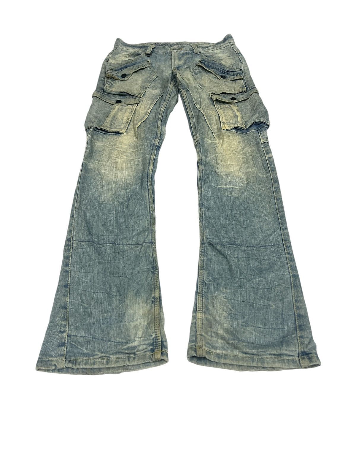 Japanese Brand FLARED🔥THRASHED FADED CARGO DENIM PANT Size US 30 / EU 46 - 6 Thumbnail