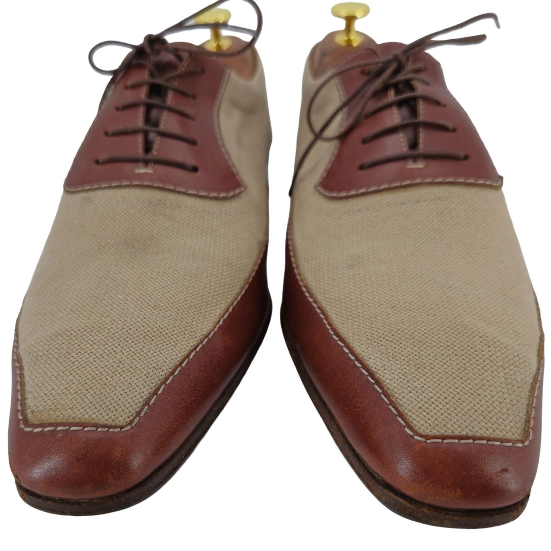 Testoni A. Testoni Italy Men 9 Dress Shoe Beige Brown Canvas Leather Size US 9 / EU 42 - 9 Thumbnail