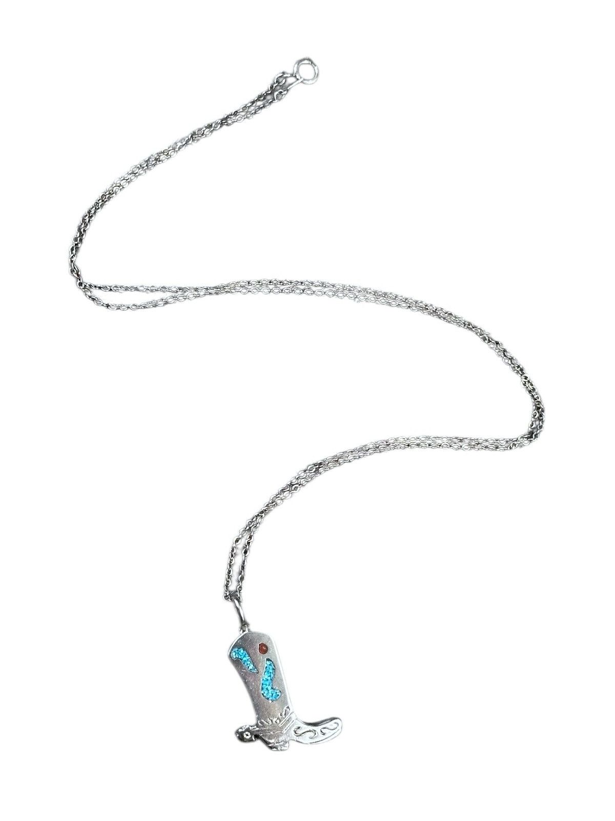 Vintage MEXICAN TURQUOISE AND CORAL SILVER WESTERN BOOT NECKLACE Size ONE SIZE - 1 Thumbnail