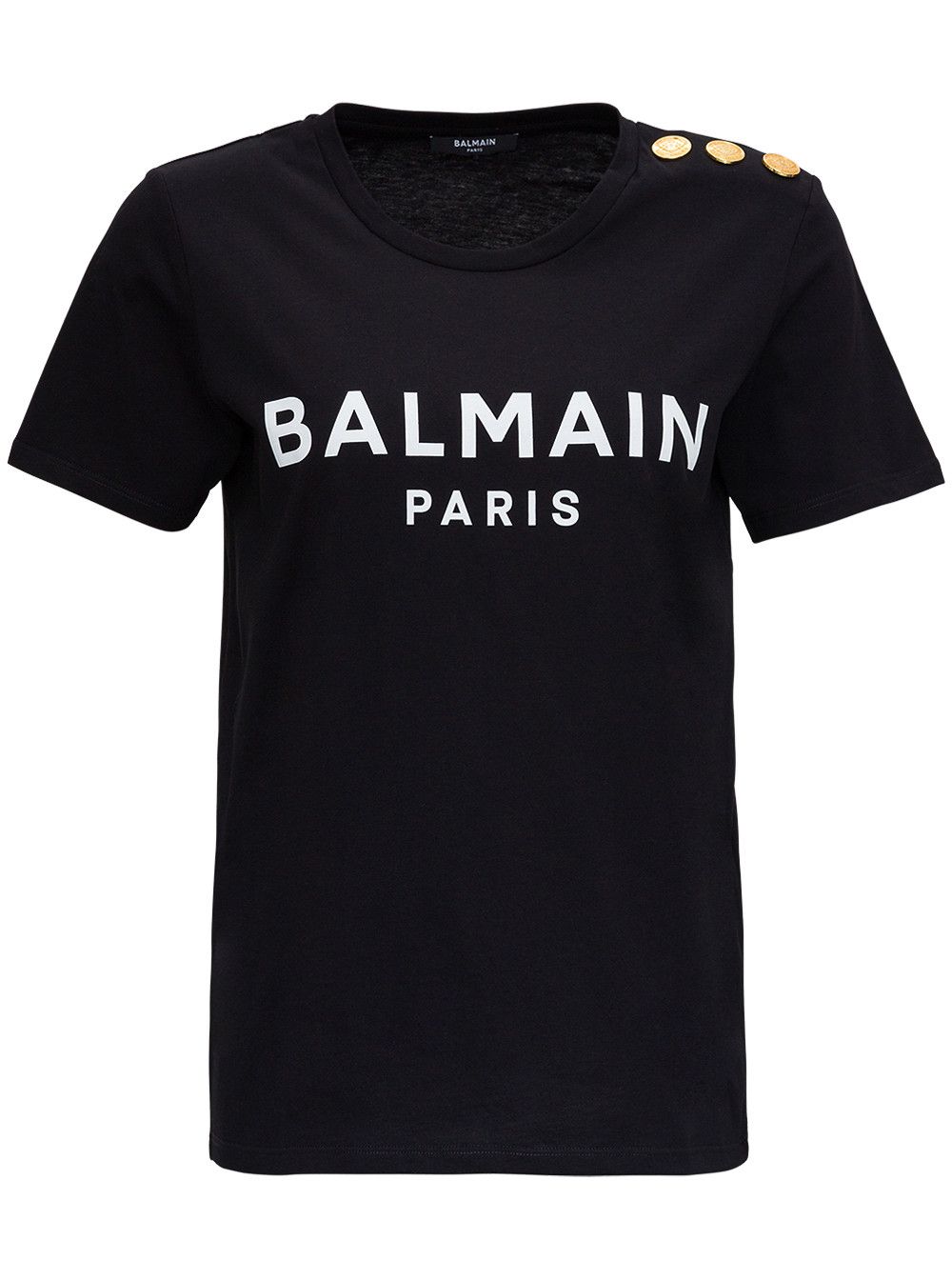 Black Crewneck T-Shirt with Logo Print and Golden Buttons in Jersey Woman
