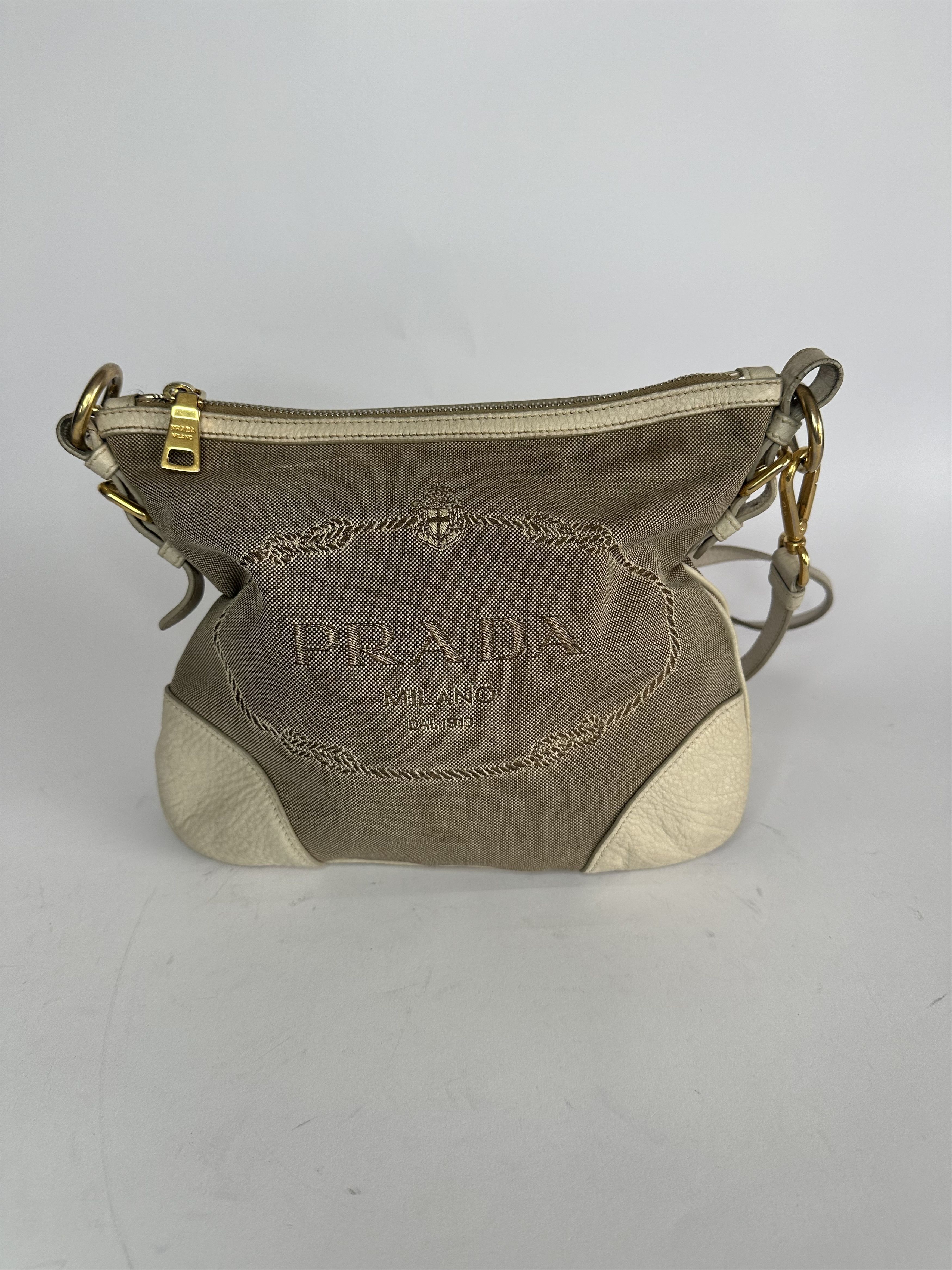 Prada Jacquard Logo Small Flat Messenger Bag White in Beige, Women's