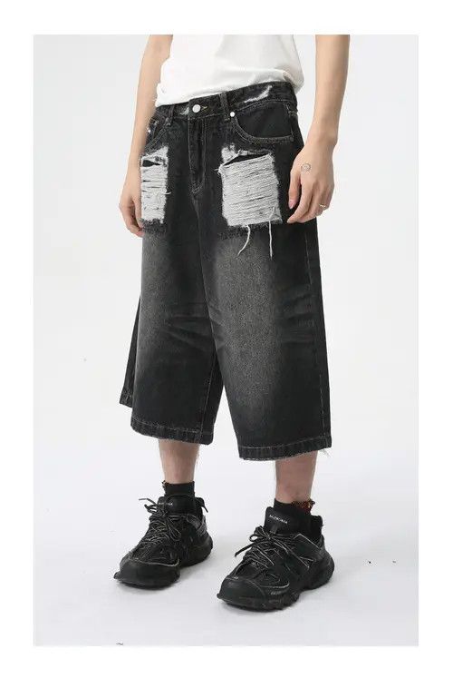 Japanese Brand Black Vintage Straight Washed Ripped Denim Shorts Size US 32 / EU 48 - 2 Thumbnail