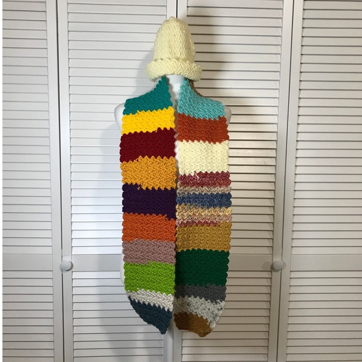 Handmade NWT Handmade Crocheted Beige Patchwork Beanie & Scarf 66” Size ONE SIZE - 1 Thumbnail