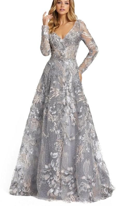 image of Designer Long Sleeve Beaded Applique Gown Msrp $798, 12 in Silver, Women's (Size XL)