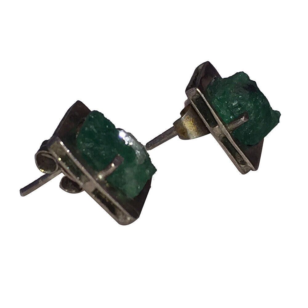 Designer Artisan Natural Emerald Nugget Earrings Set Sterling Silver Size ONE SIZE - 3 Thumbnail
