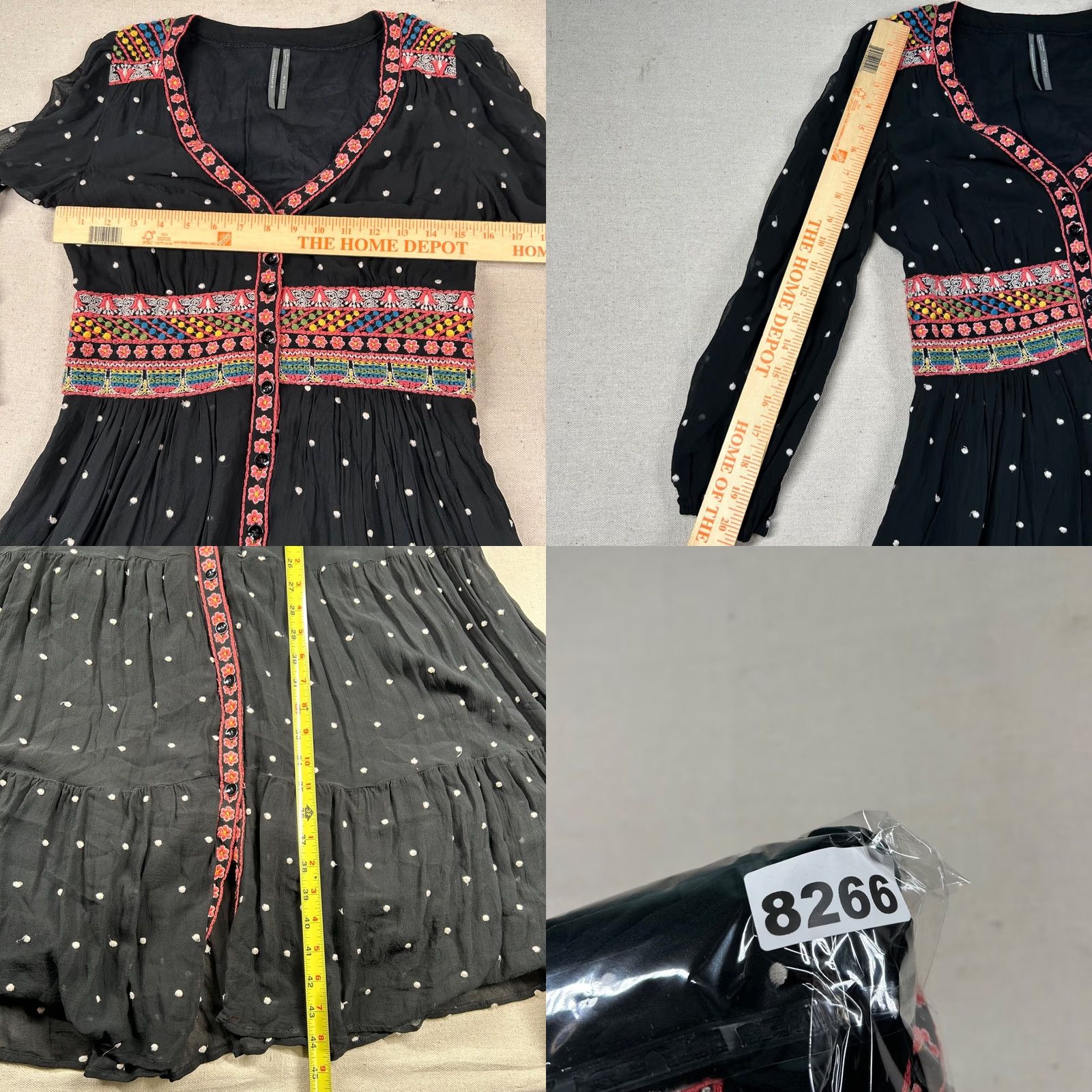 Anthropologie Anthropologie Black Maxi Dress Womens 4 Smocked Tiered Embroidered Polka Dot V Neck Size S / US 4 / IT 40 - 8 Thumbnail