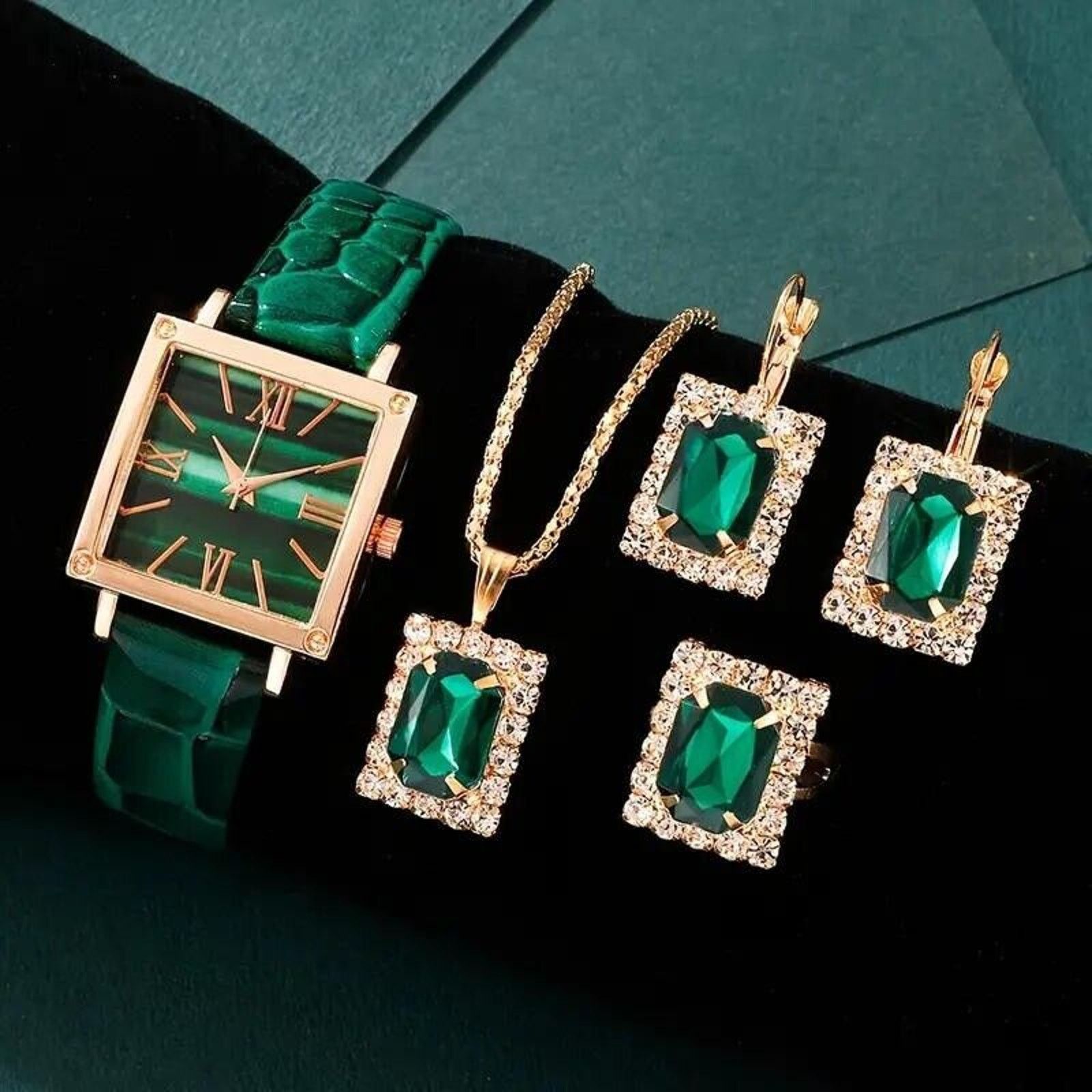 Other 5pc Jewelry Set •Green Square Rhinestone Quartz Watch •Ring Size ONE SIZE - 2 Thumbnail