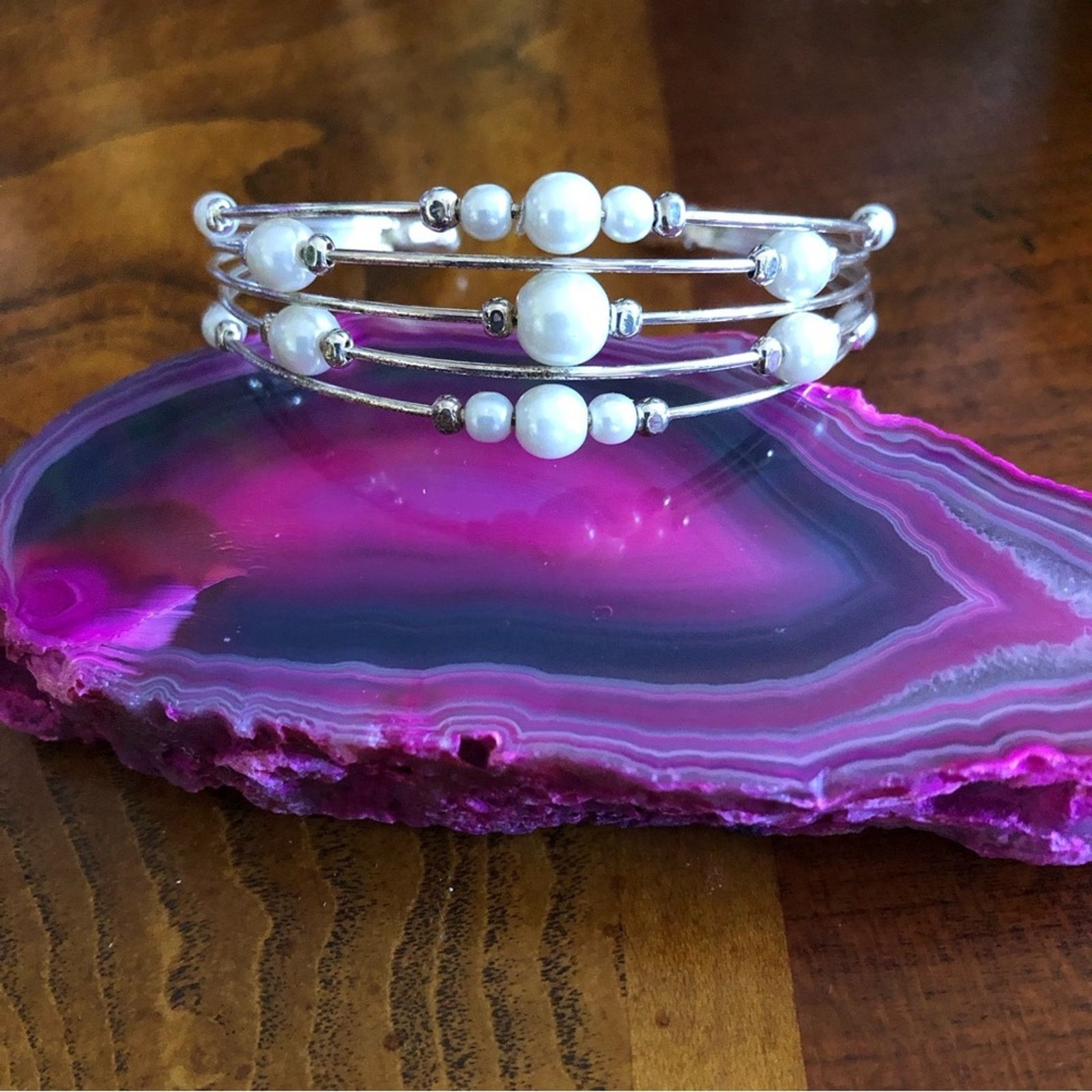Jewelry Silver plated multi strand wired faux Pearl cuff bracelet Size ONE SIZE - 4 Thumbnail