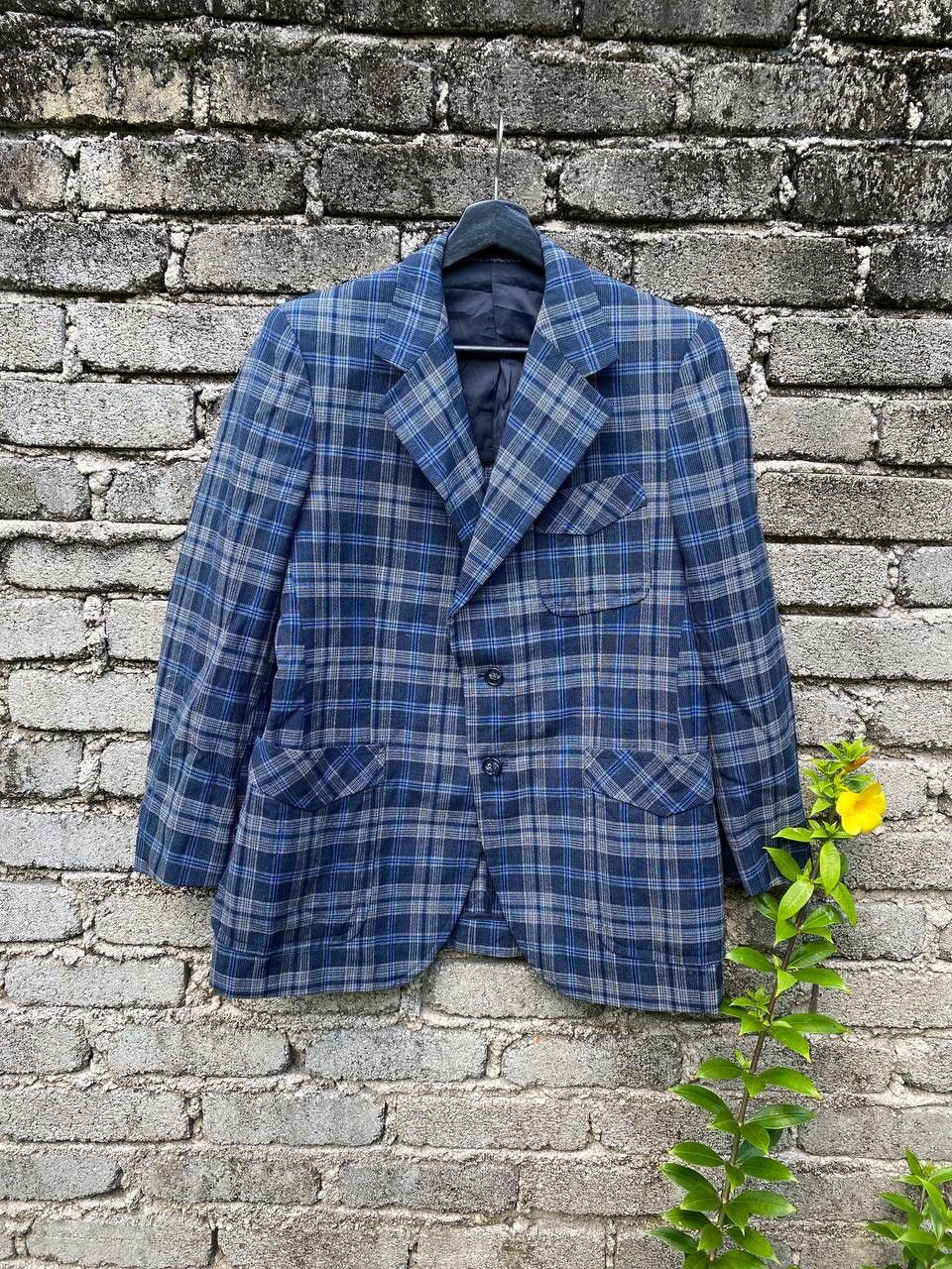 Lanvin × Vintage Vintage 90s Lanvin Blue Checker Wool Double Breasted Size 48R - 1 Thumbnail