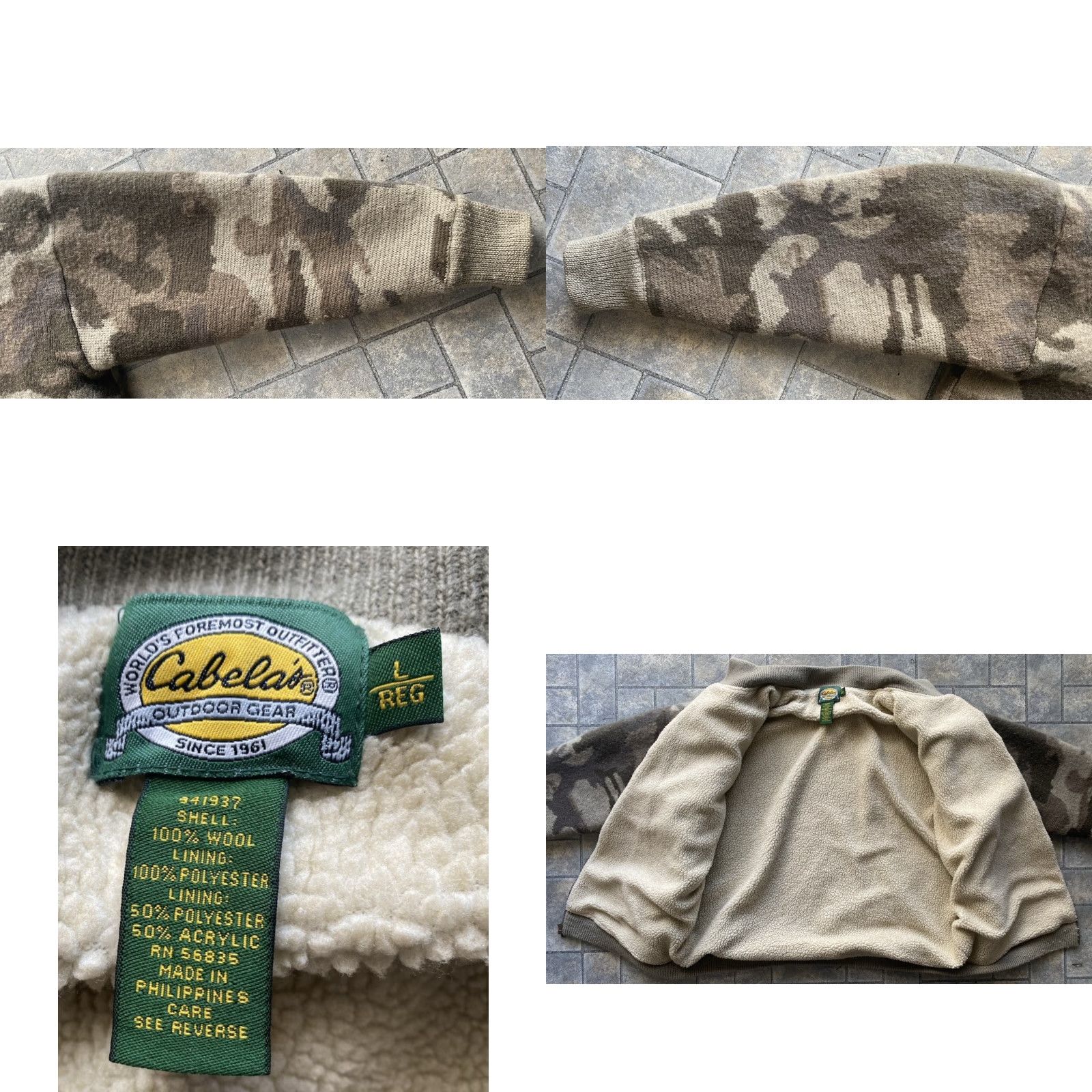 Cabela's Wool Full Zip Jacket Mens L Camouflage Hunting Bomber Coat Flaws Multicolor Wool Full Zip Jacket Mens L Camouflage Hunting Flaws