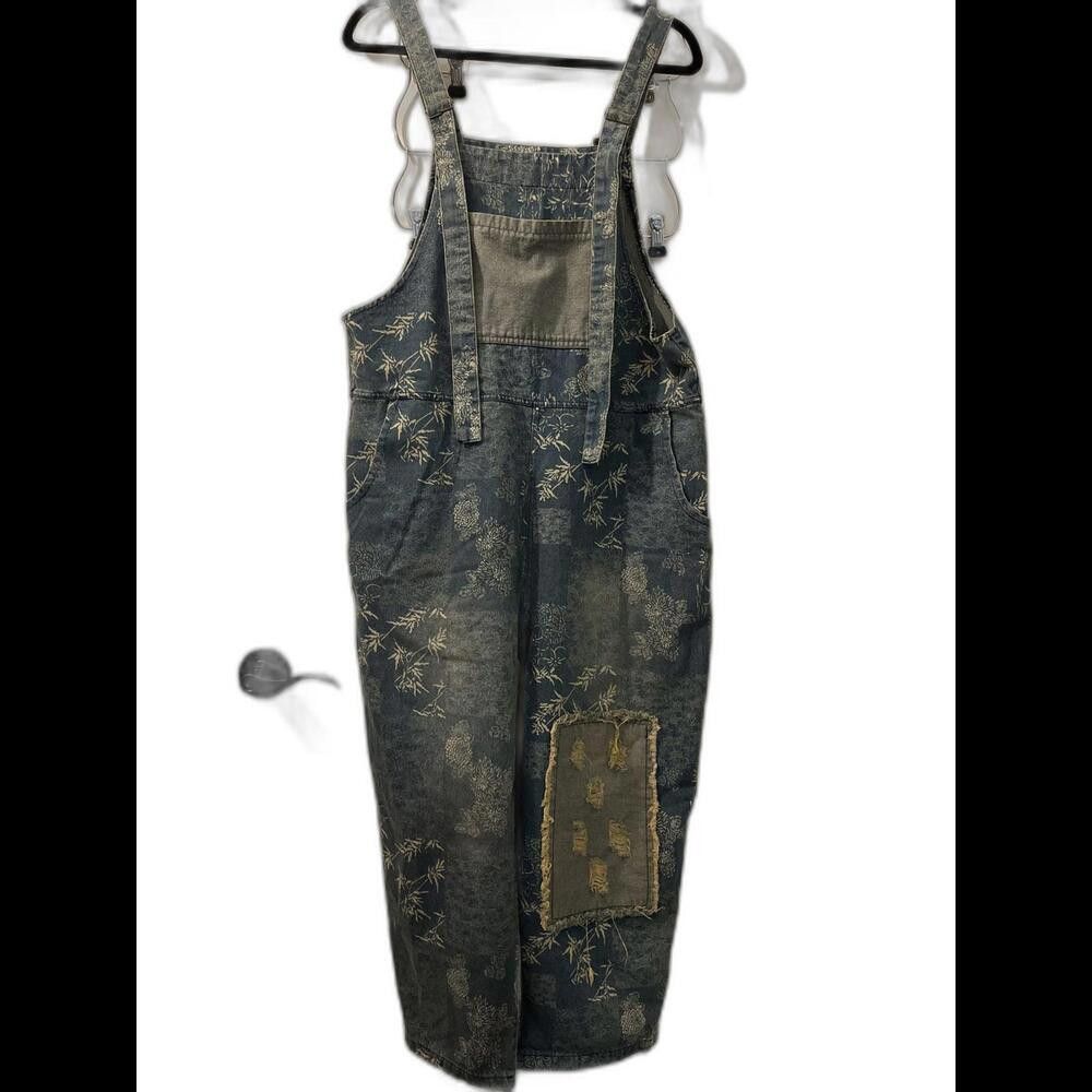 Designer Floral Print Denim Overalls Patchwork Style Womens Medium Size 32" / US 10 / IT 46 - 1 Thumbnail