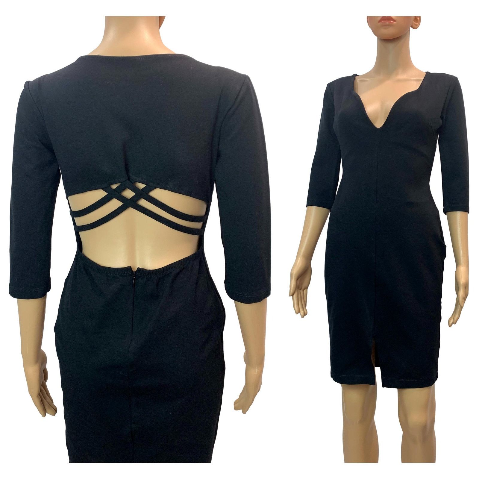 Vintage 80s Black Cut Out Spandex Dress | Low Cut Tight Fit M Size M / US 6-8 / IT 42-44 - 3 Thumbnail