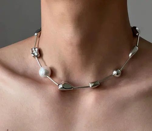 Jewelry Silver Geometric Pearl Accent Necklace, Modern Jewelry Size ONE SIZE - 5 Thumbnail