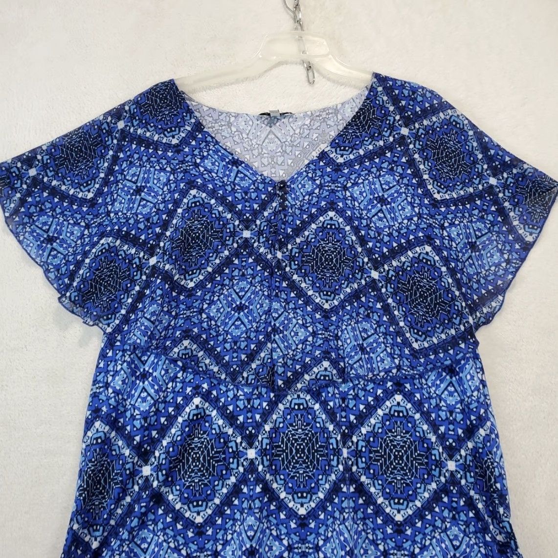 Vintage Notations Layered Flutter Sleeve Blue Geometric Print Blouse Womens XL Size XL / US 12-14 / IT 48-50 - 2 Thumbnail