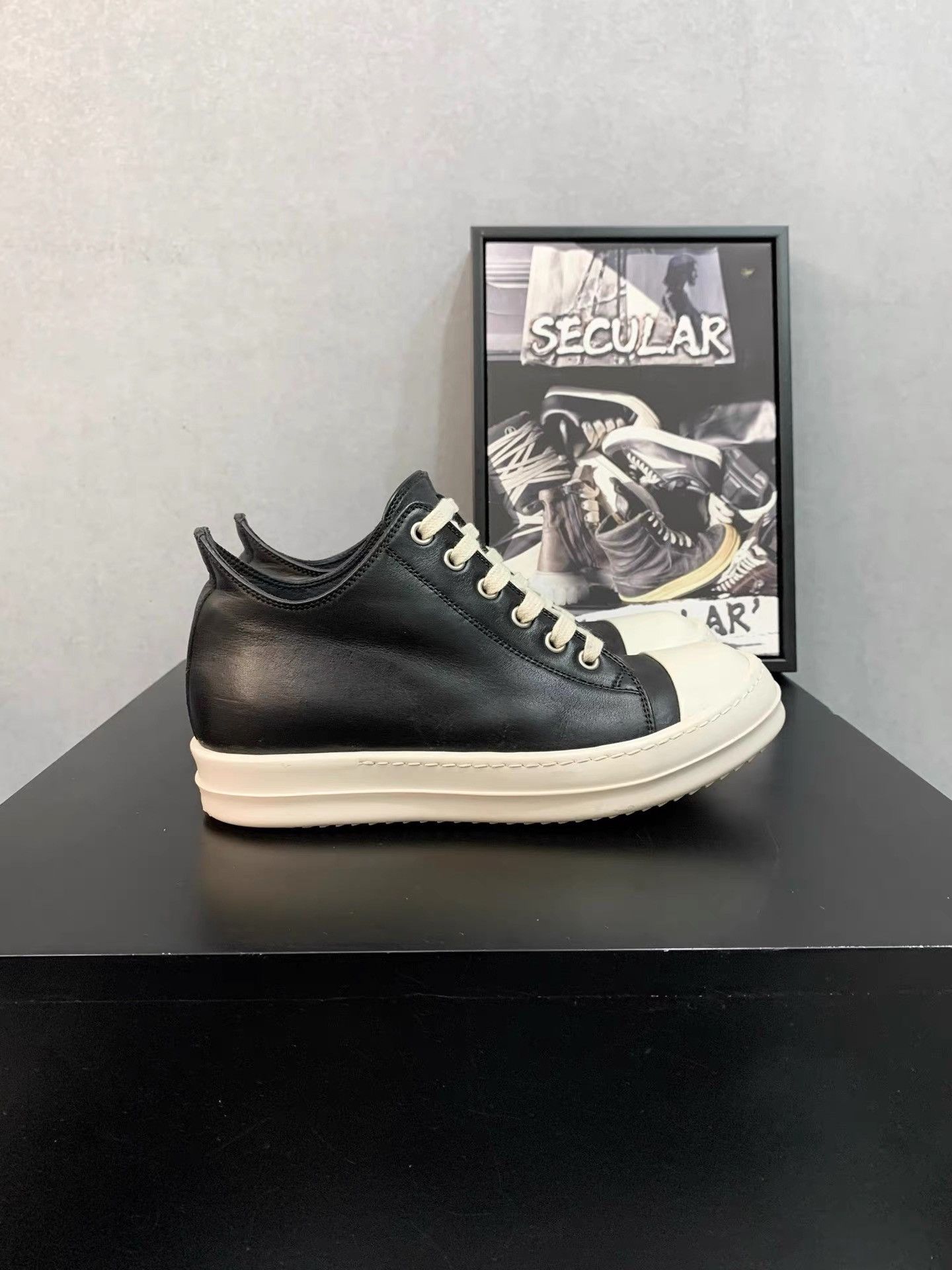 Rick Owens Rick Owens Mainline Black White Leather Low Top Sneakers K34 Size US 6 / IT 36 - 1 Thumbnail