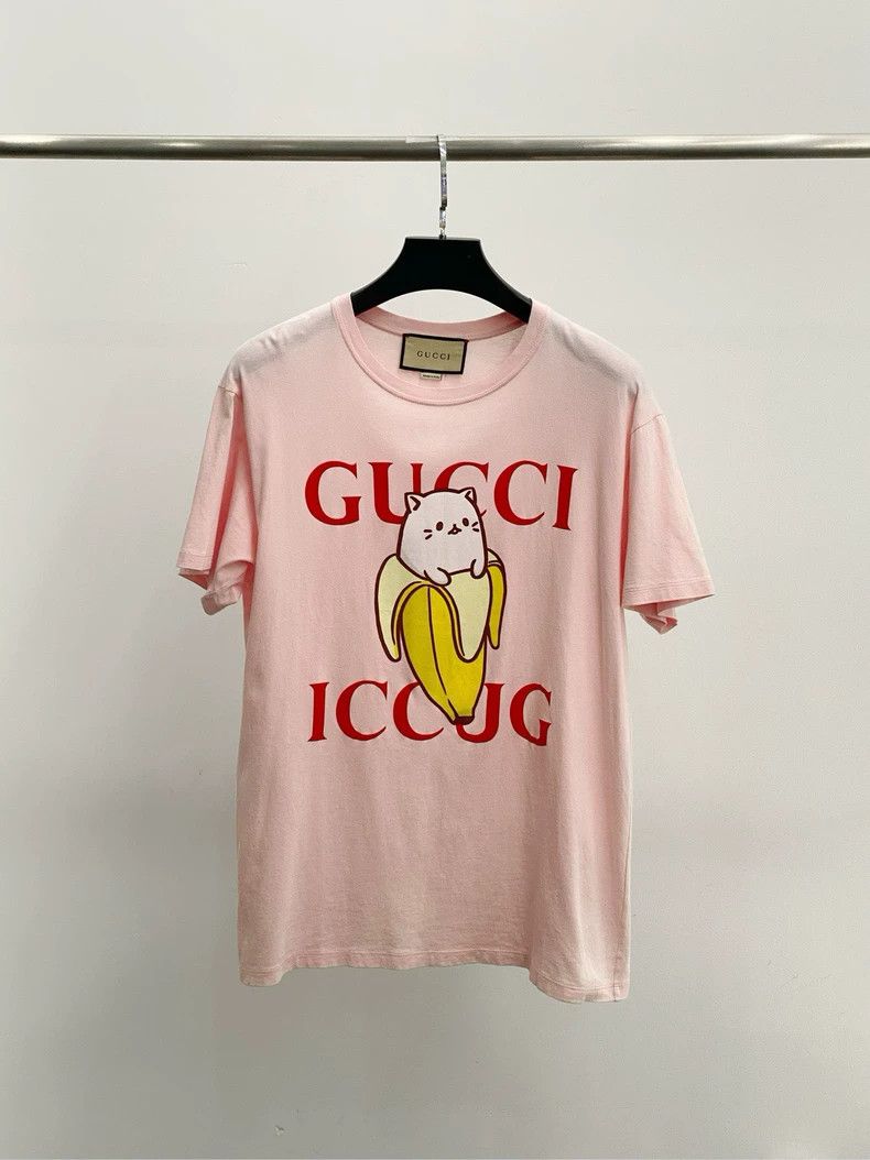 Gucci Pink Banana Cat Logo Short Sleeve T-Shirt