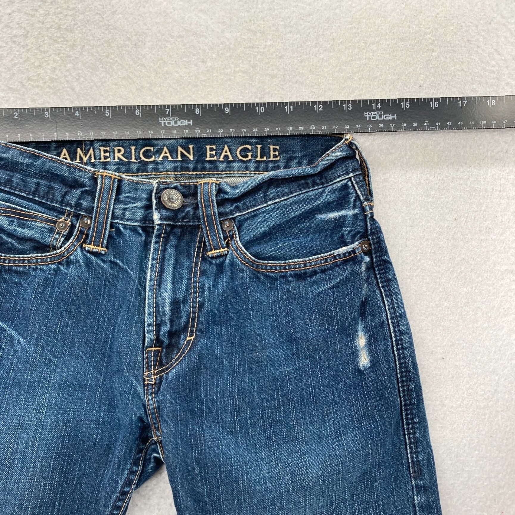American Eagle Outfitters American Eagle Outfitters Jeans Mens 26x28 Straight Leg Dark Wash Blue Denim Distressed Regular Rise Low 8-10in 5-Pocket Denim Size US 26 / EU 42 - 7 Thumbnail