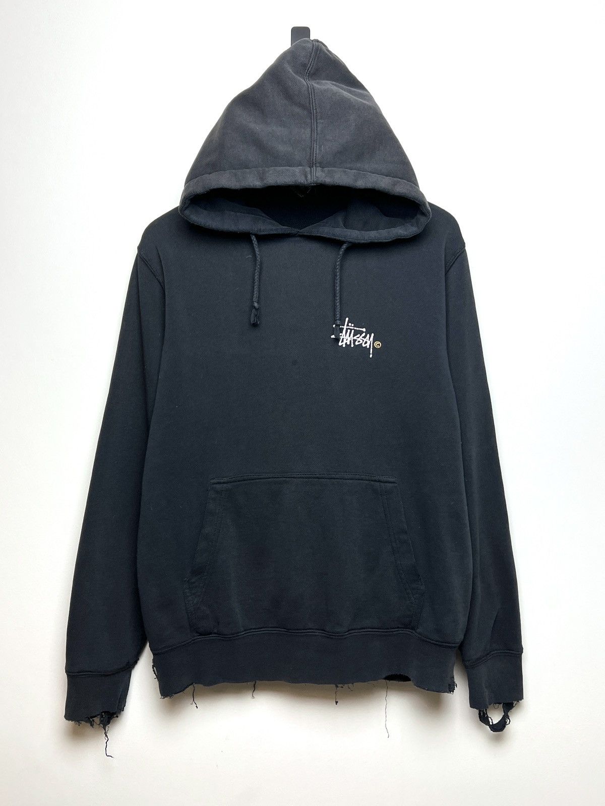 Image of Stussy Y2K Vintage Trashed Hoodie S-M in Washed Black, Men's (Size Small)