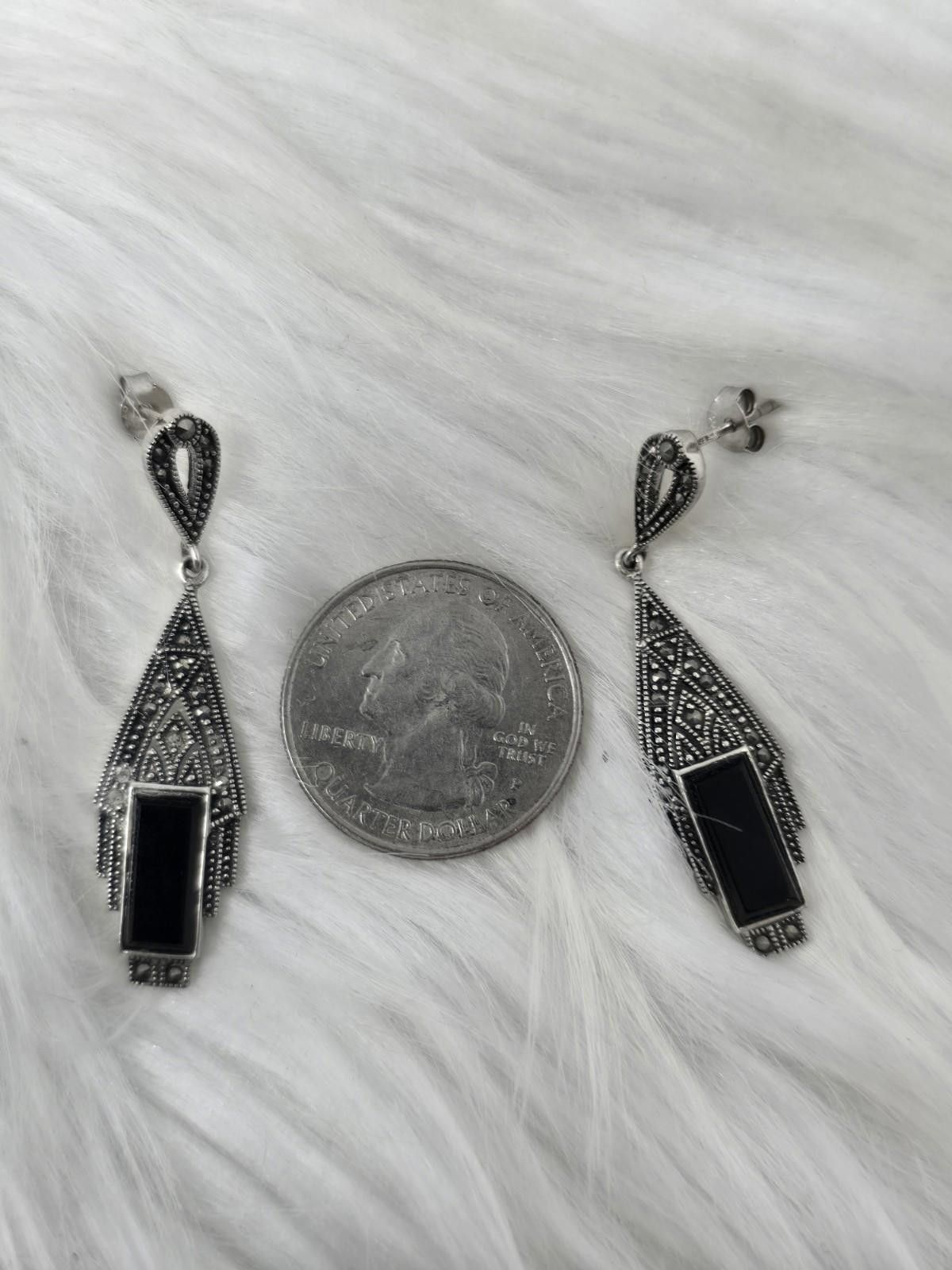 The Unbranded Brand 925 Thai Marcasite Onyx Drop Earrings Art Deco Size ONE SIZE - 5 Thumbnail
