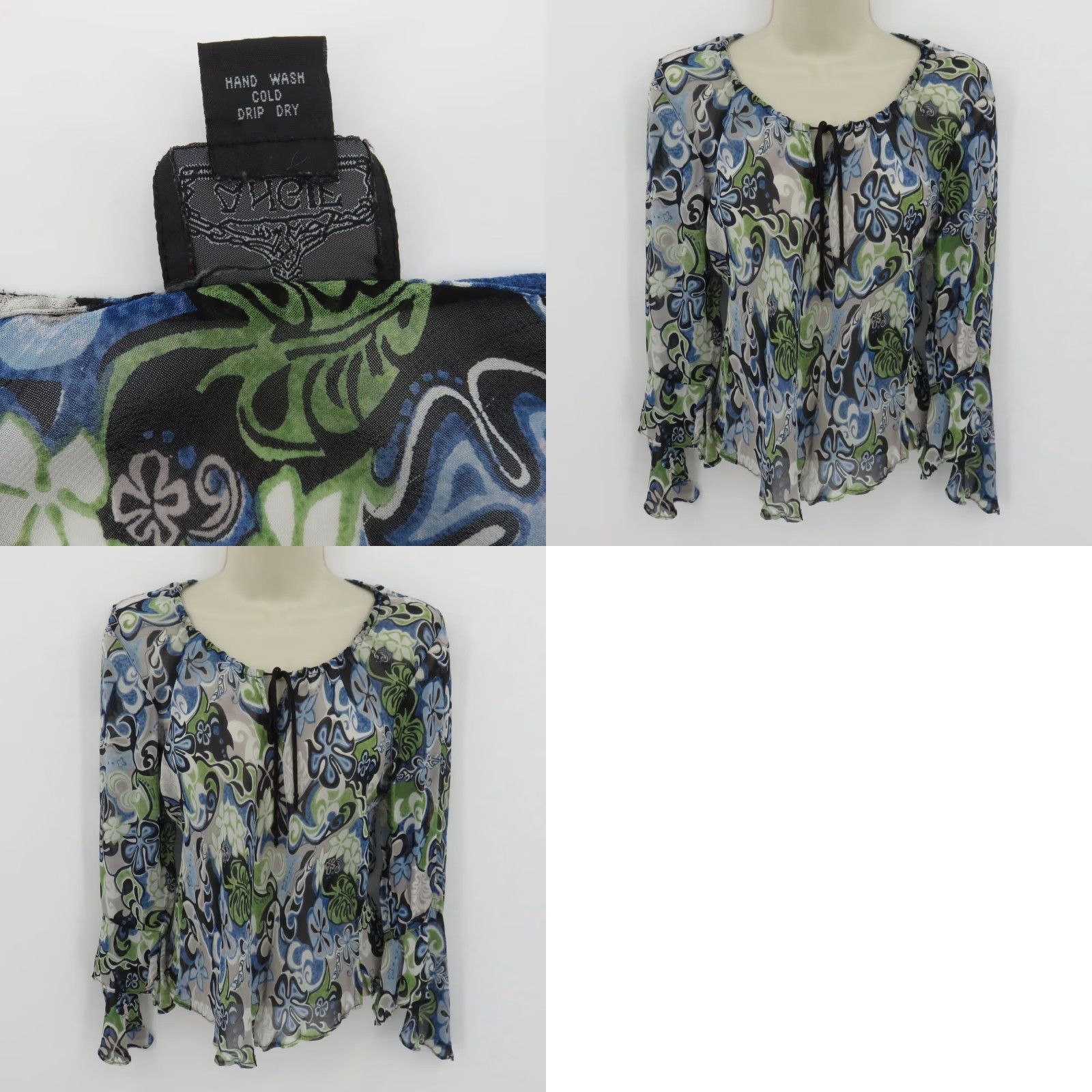 Vintage VINTAGE Angie Blouse Shirt Womens Large L Blue Green Black Floral Hippie Sheer Paisley Pattern Pinup Style 90s Size L / US 10 / IT 46 - 9 Thumbnail