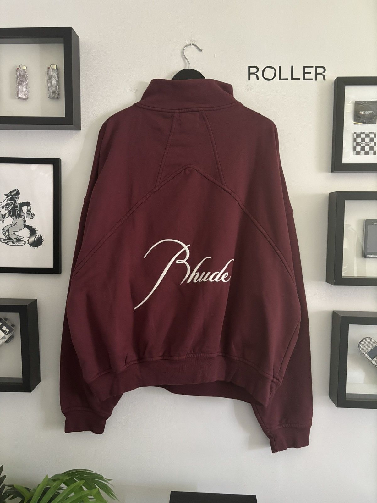 image of Rhude Script Embroidered Pill Hoodie in Burgandy, Men's (Size Medium)
