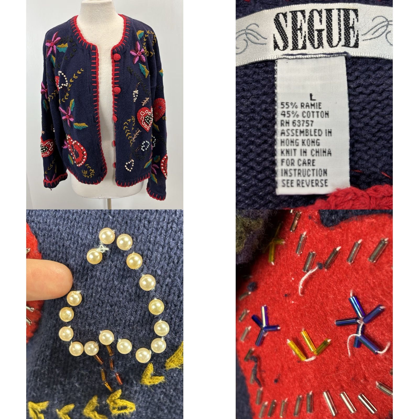 Vintage VINTAGE Segue Cardigan Shirt Women L Blue Hearts Beaded Embroidered Knit Cotton Ramie 90s Valentines Day Size L / US 10 / IT 46 - 8 Thumbnail
