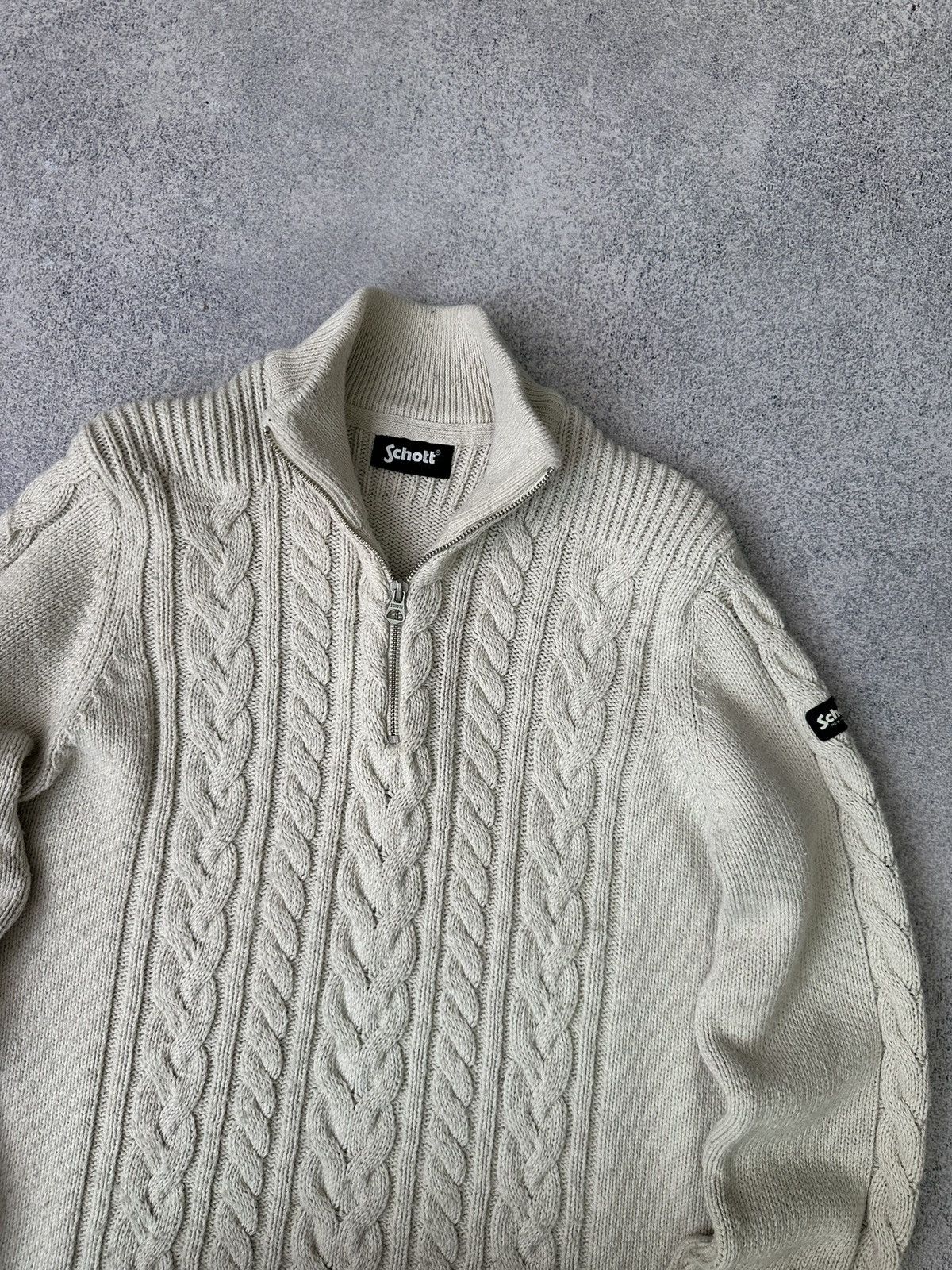 Schott × Vintage Vintage Schott Beige 1/4 Zip Knitted Sweater Size US L / EU 52-54 / 3 - 3 Thumbnail