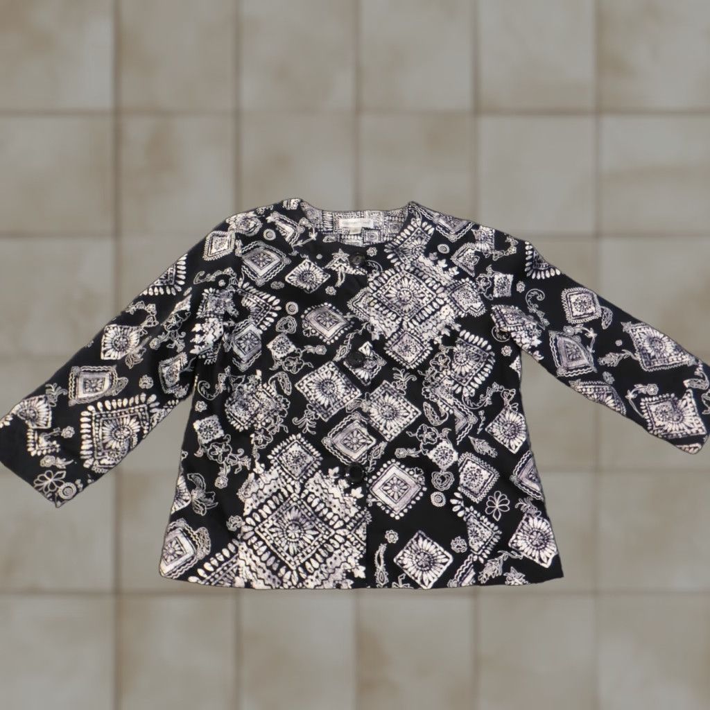 Coldwater Creek Coldwater Creek Blazer Jacket Geometric Black Womens 10 Stretch Button Mid-Length Long Sleeve Tweed Lining Polyester Vintage: No (drop if not allowed) Size L / US 10 / IT 46 - 1 Thumbnail