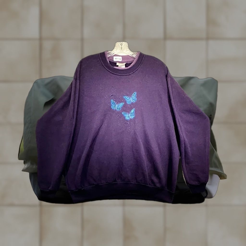 Vintage VINTAGE Morning Sun Nature Sweatshirt Purple Blue Butterflies 90s Goth Graphic Fleece XL Womens Pullover Crew Neck Sequin Embellished Size XL / US 12-14 / IT 48-50 - 1 Thumbnail