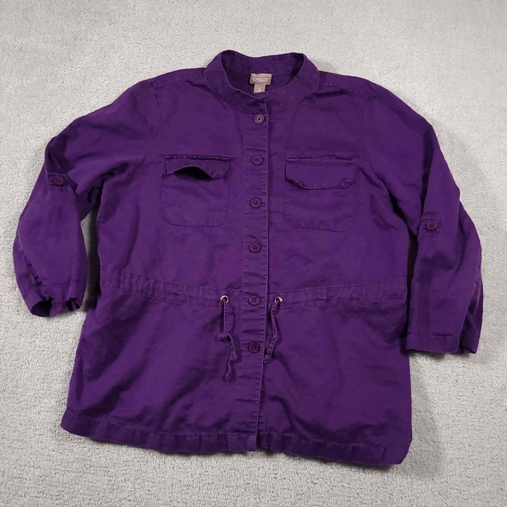 Vintage Chico's Jacket Women's L Purple Linen Blend Button Up Roll-Tab Sleeve Cinch Casual Travel Regular Mens Womens Size L / US 10 / IT 46 - 2 Thumbnail