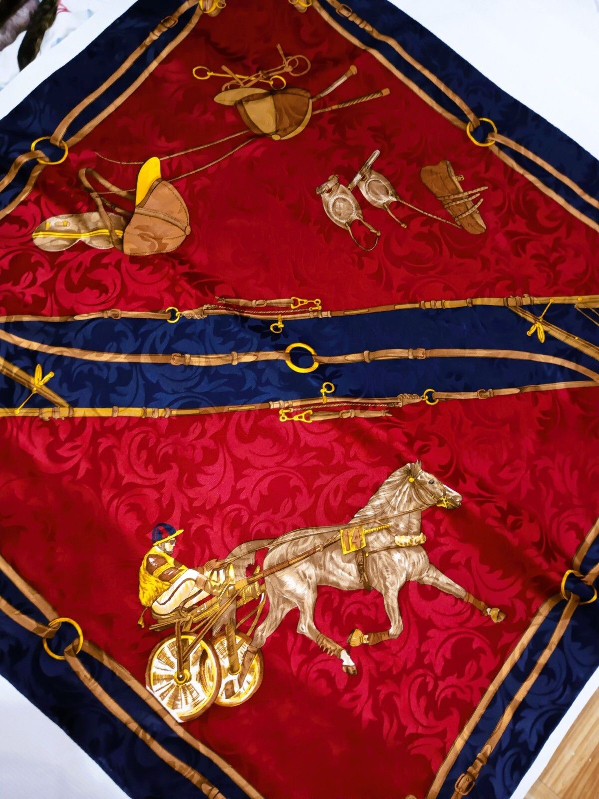 Other JEAN PAREL Paris Horse Jockey Blue Red Gold Silk Scarf Size ONE SIZE - 3 Thumbnail