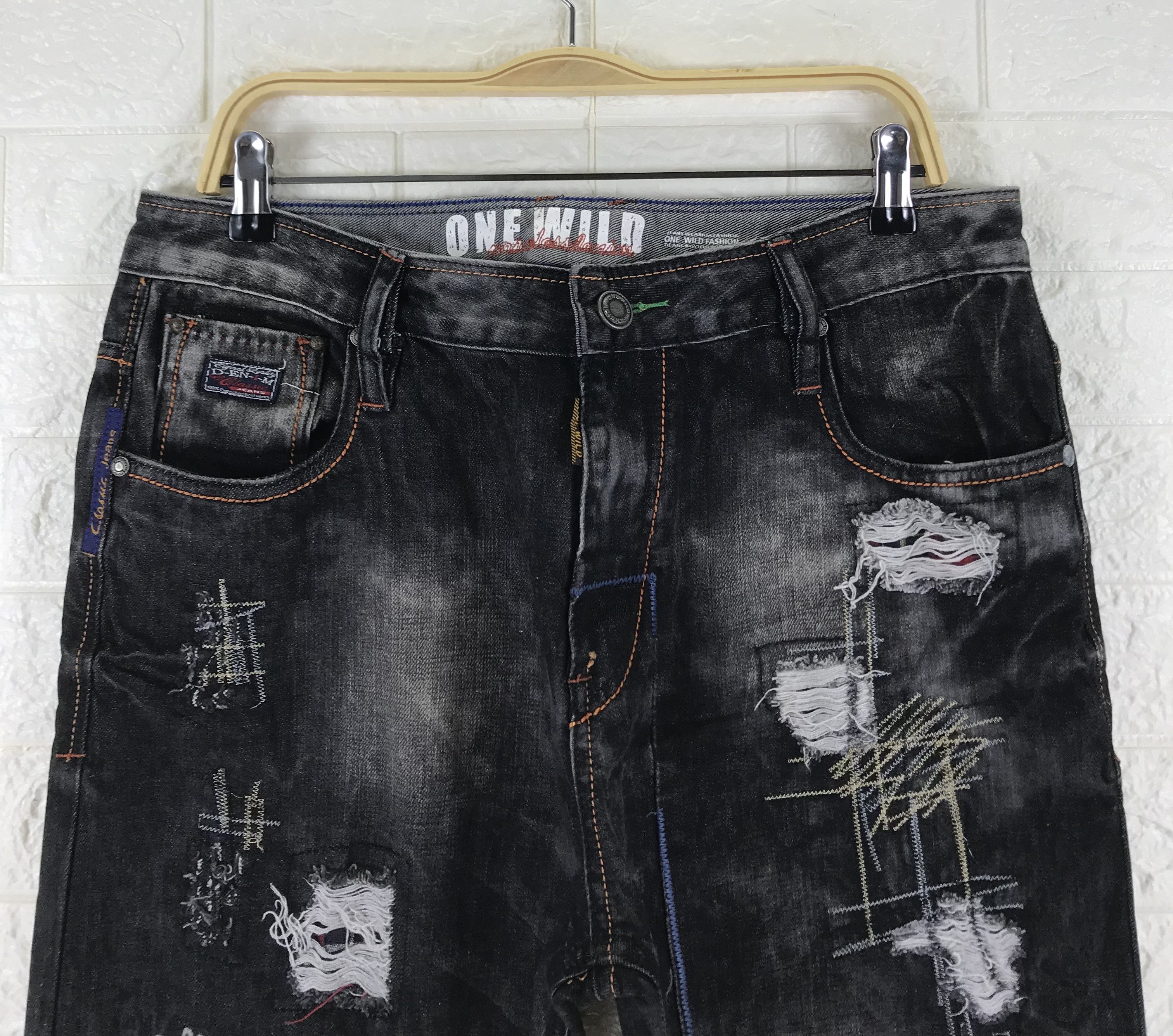 Japanese Brand Classic Jeans Faded Black Distressed Design Denim Size US 35 - 2 Thumbnail