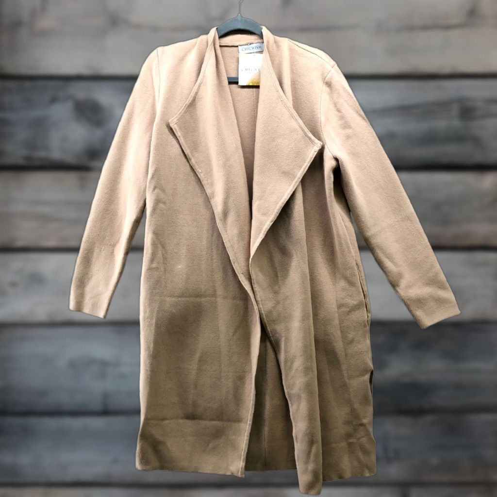 Camel Chicwish Cardigan Duster Open Front Womens L Beige Acrylic Knit Pockets Fall Winter Chicwish Refined Size L / US 10 / IT 46 - 1 Thumbnail