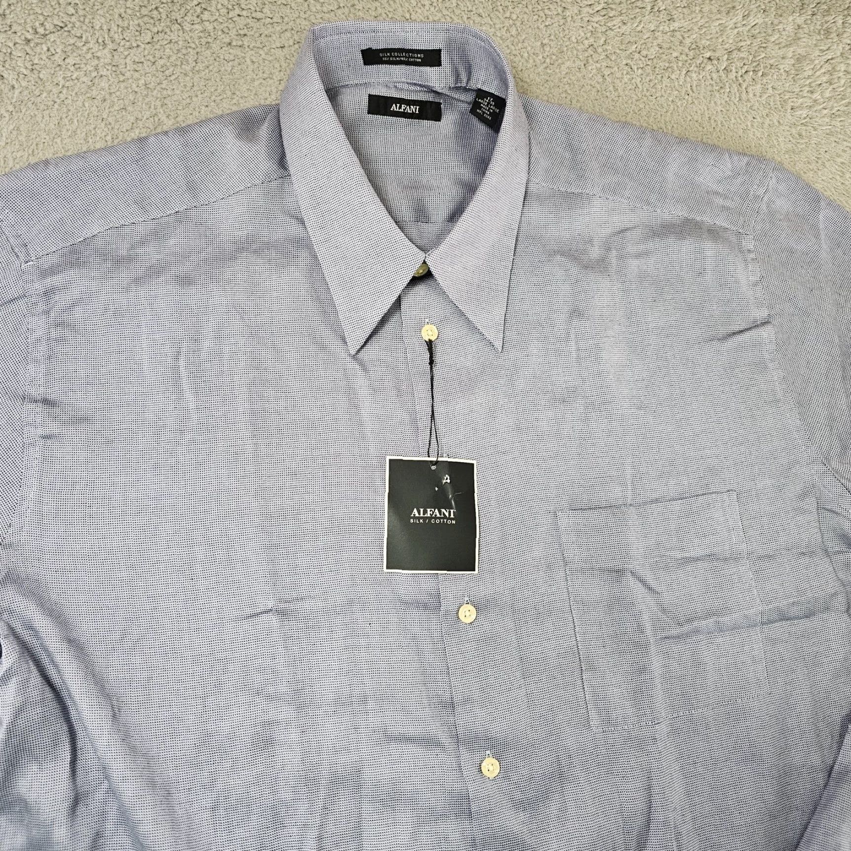 Alfani Alfani Dress Shirt Mens L 17 34/35 Blue Check Silk Cotton Long Sleeve Barrel Cuff Neck 17-34/35 Shirt Mens Regular Size 42R - 2 Thumbnail