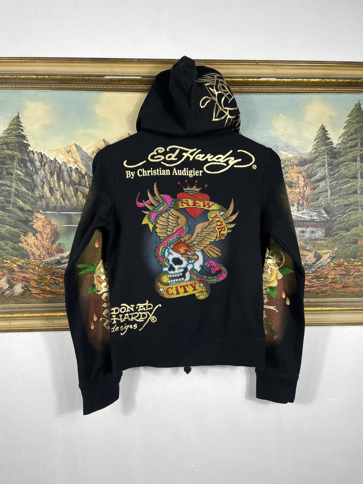 Christian Audigier × Ed Hardy × Vintage Ed Hardy Retro 00s Hoodie With Crystals Affliction Grunge Size US XS / EU 42 / 0 - 2 Thumbnail
