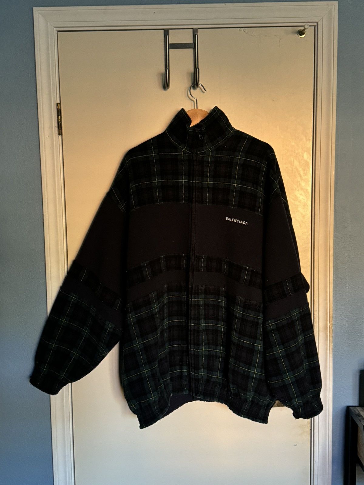 image of Balenciaga Wool + Cashmere Oversized Track Jacket in Navy, Men's (Size Small)