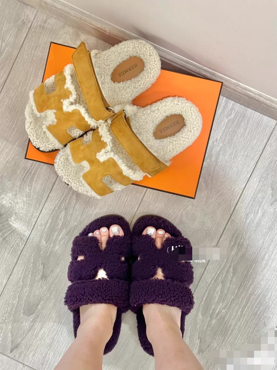 Hermes Hermes Fur Open-Toe Velcro Slip-On Mule Purple 39 Size US 8.5 / IT 38.5 - 9 Thumbnail