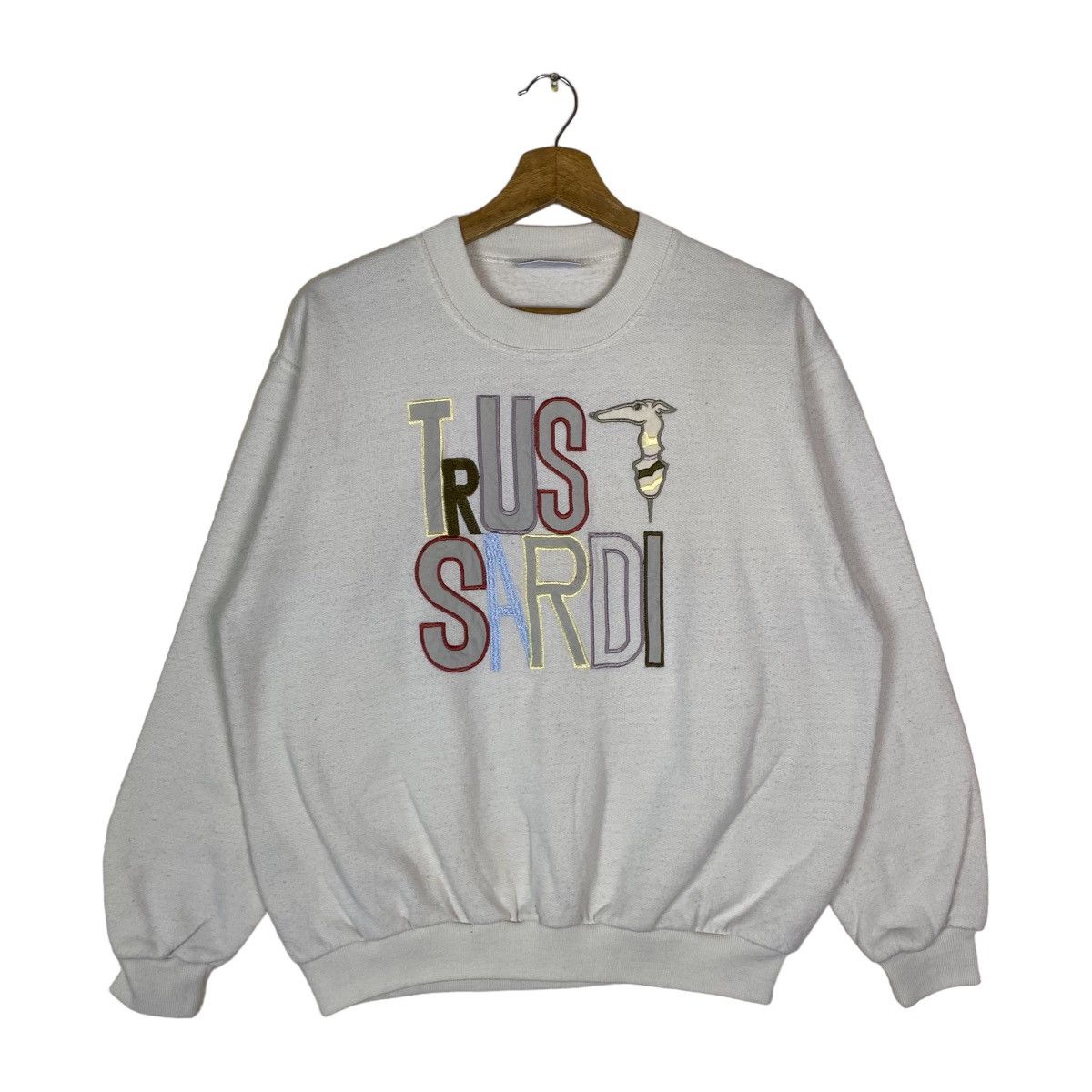image of Vintage Trussardi Spell Out Pullover Jumper Sweatshirt in White, Men's (Size Medium)