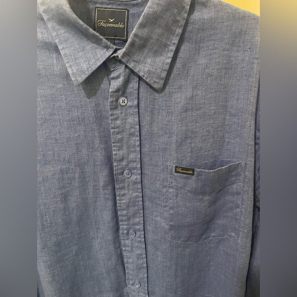 Faconnable Faconnable Men's Linen Blue Button Down Shirt Size US L / EU 52-54 / 3 - 3 Thumbnail