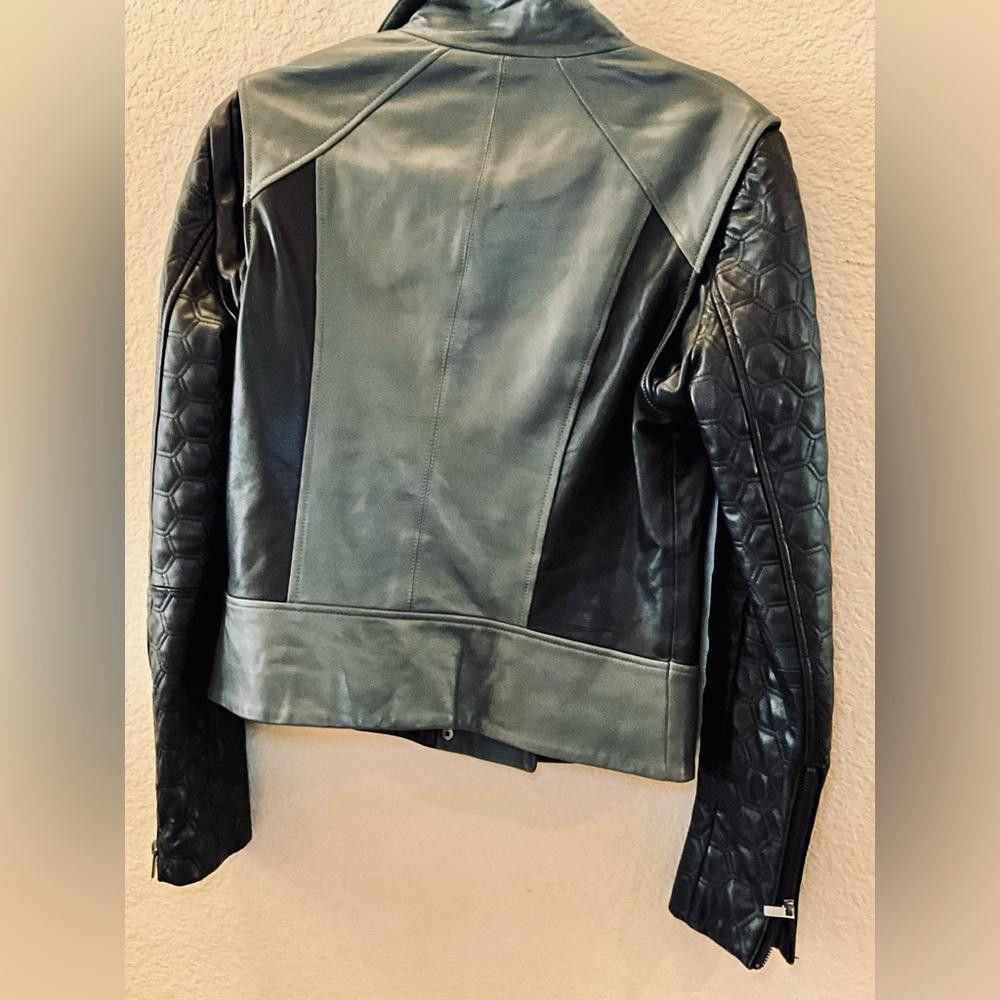 Designer Badgley Mischka Black/Grey Leather Motorcycle Jacket M Size M / US 6-8 / IT 42-44 - 5 Thumbnail