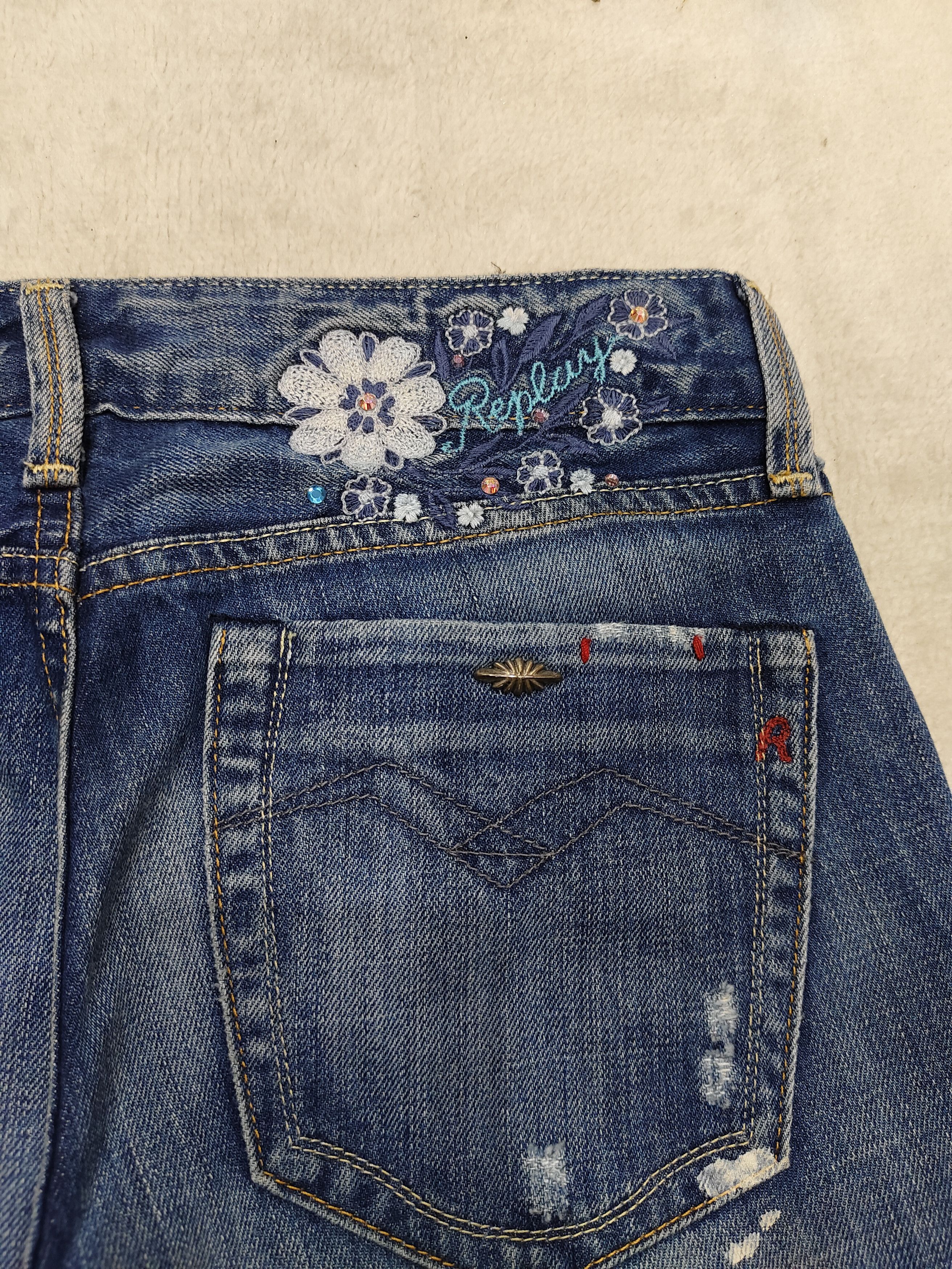 Japanese Brand 🔥Vtg Replay 🔥 Pearl Y2K Distressed Jeans Size 28" / US 6 / IT 42 - 5 Thumbnail
