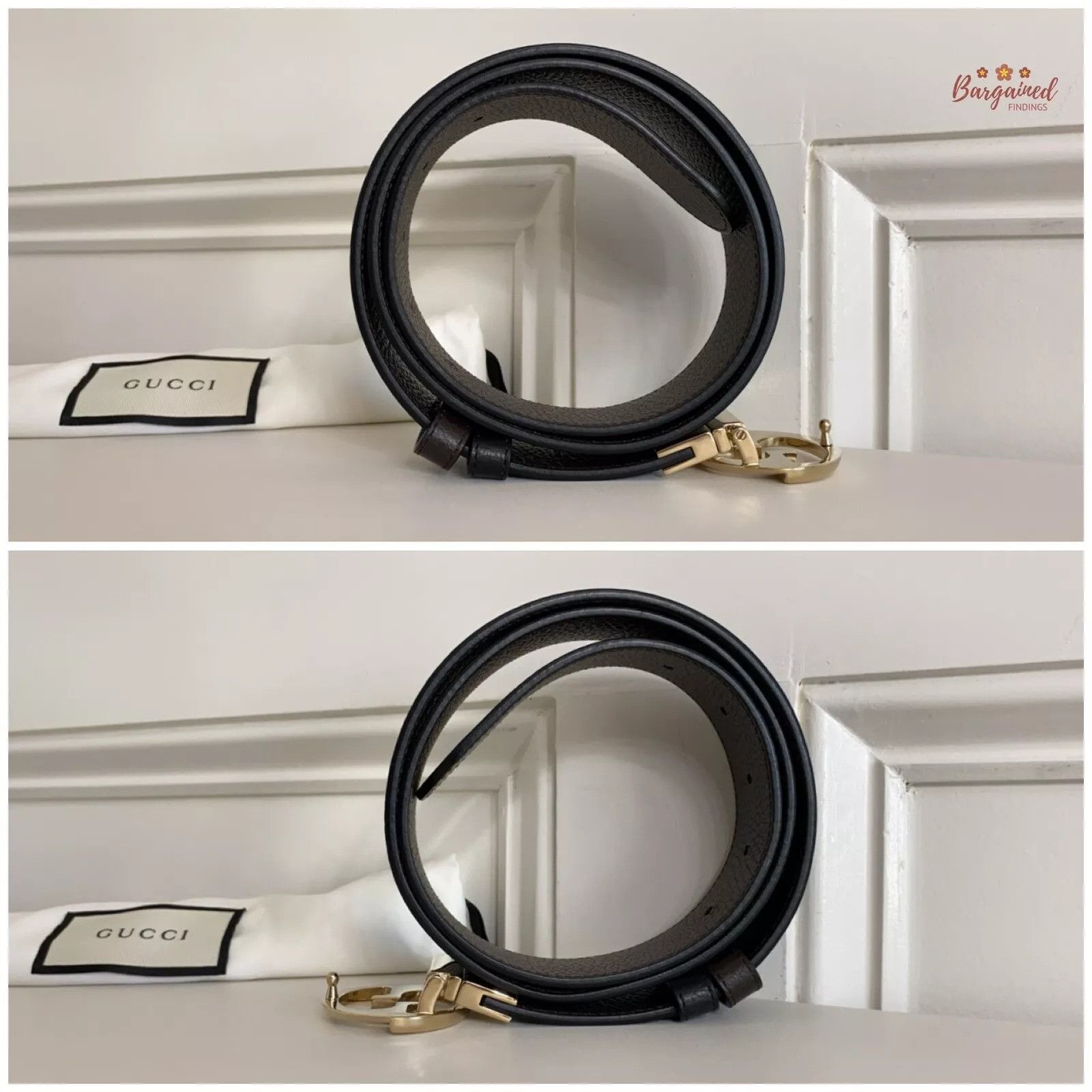Gucci Gucci Black Pebbled Calf Leather Reversible Gold 1973 Belt Size 34 - 5 Thumbnail