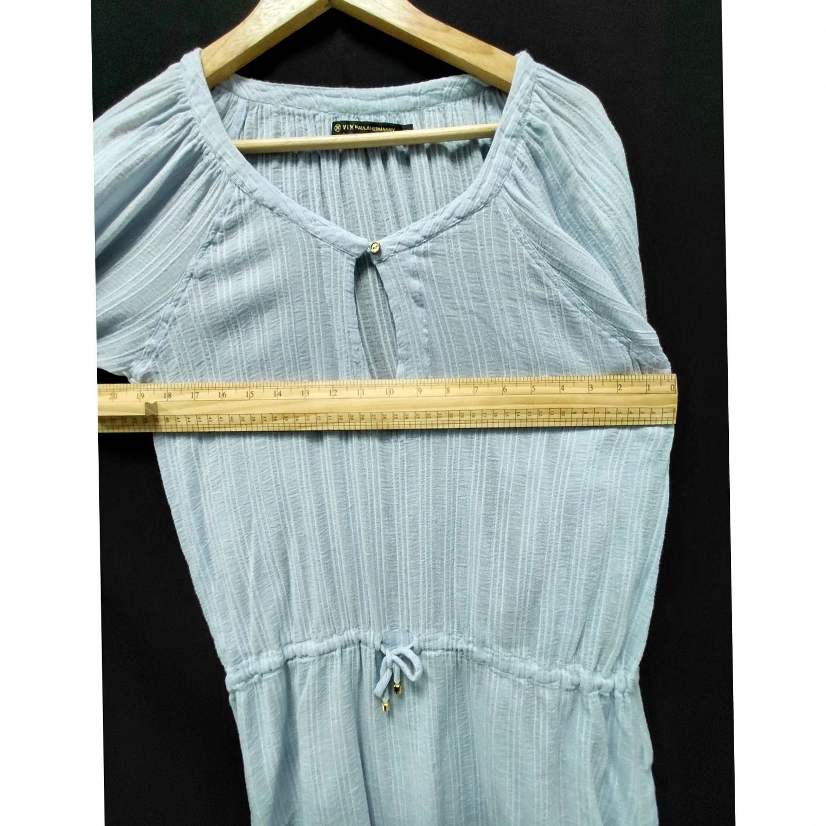 Vintage VIX PAULA HERMANNY Blue Tunic Top 3/4 Sleeve Knit Blouse Womens M Solid Drawstring Scoop Neck Bell Sleeve Casual Travel Seasonal Size M / US 6-8 / IT 42-44 - 7 Thumbnail