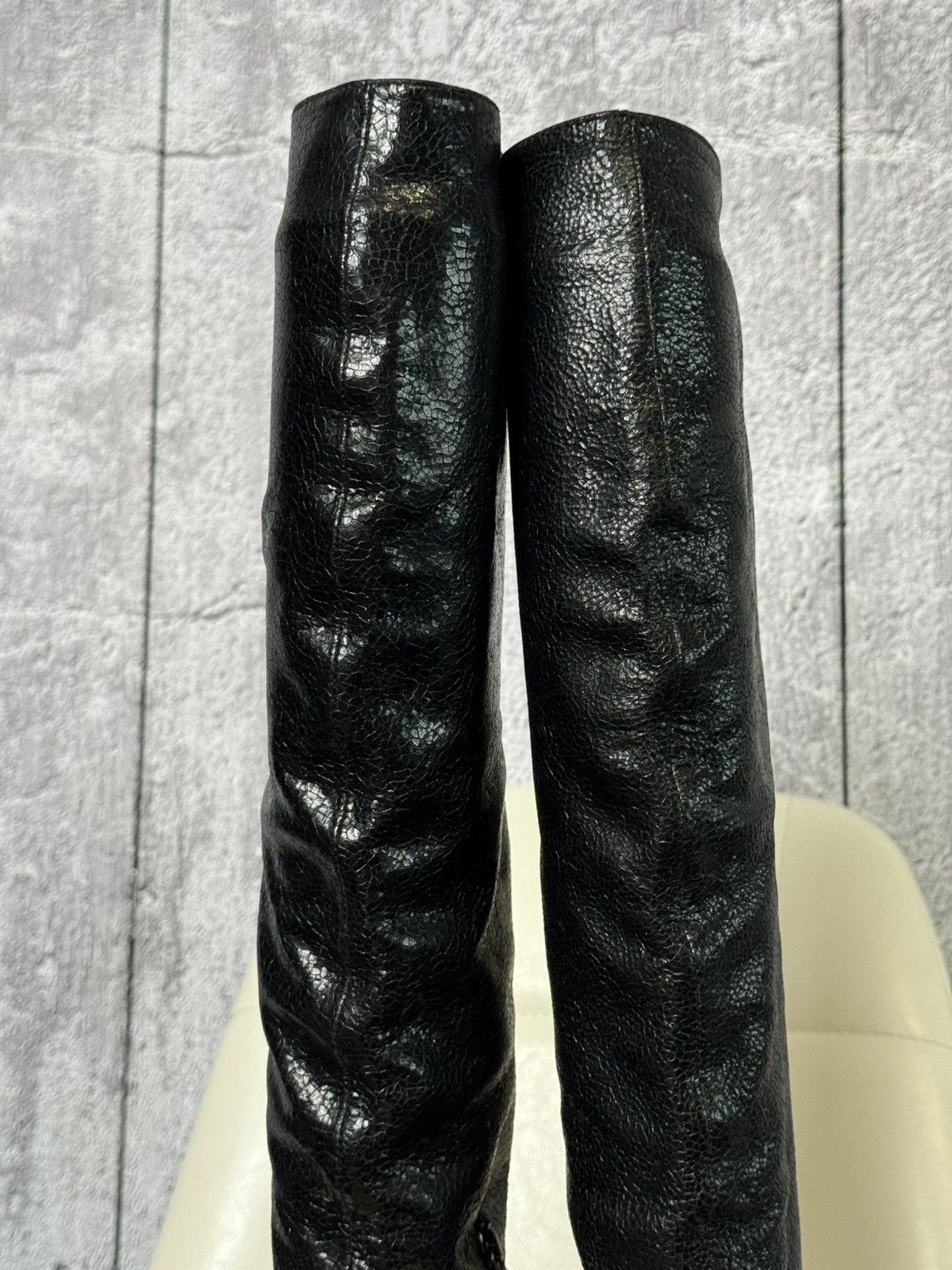 Prada Prada Black Textured Leather Knee High Platform Heeled Boots Size US 8 / IT 38 - 18 Thumbnail