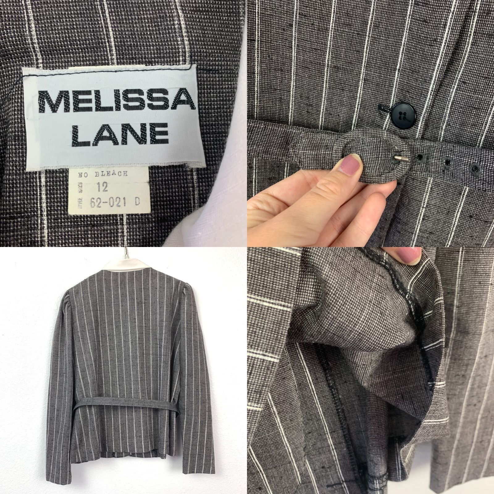 Melissa VINTAGE Melissa Lane Gray White Pinstripe Blazer Skirt Suit 12 Women Knit Polyester Blend Belted Four-Button Set Includes Jacket Skirt Accessories Size 34" / US 12 / IT 48 - 8 Thumbnail