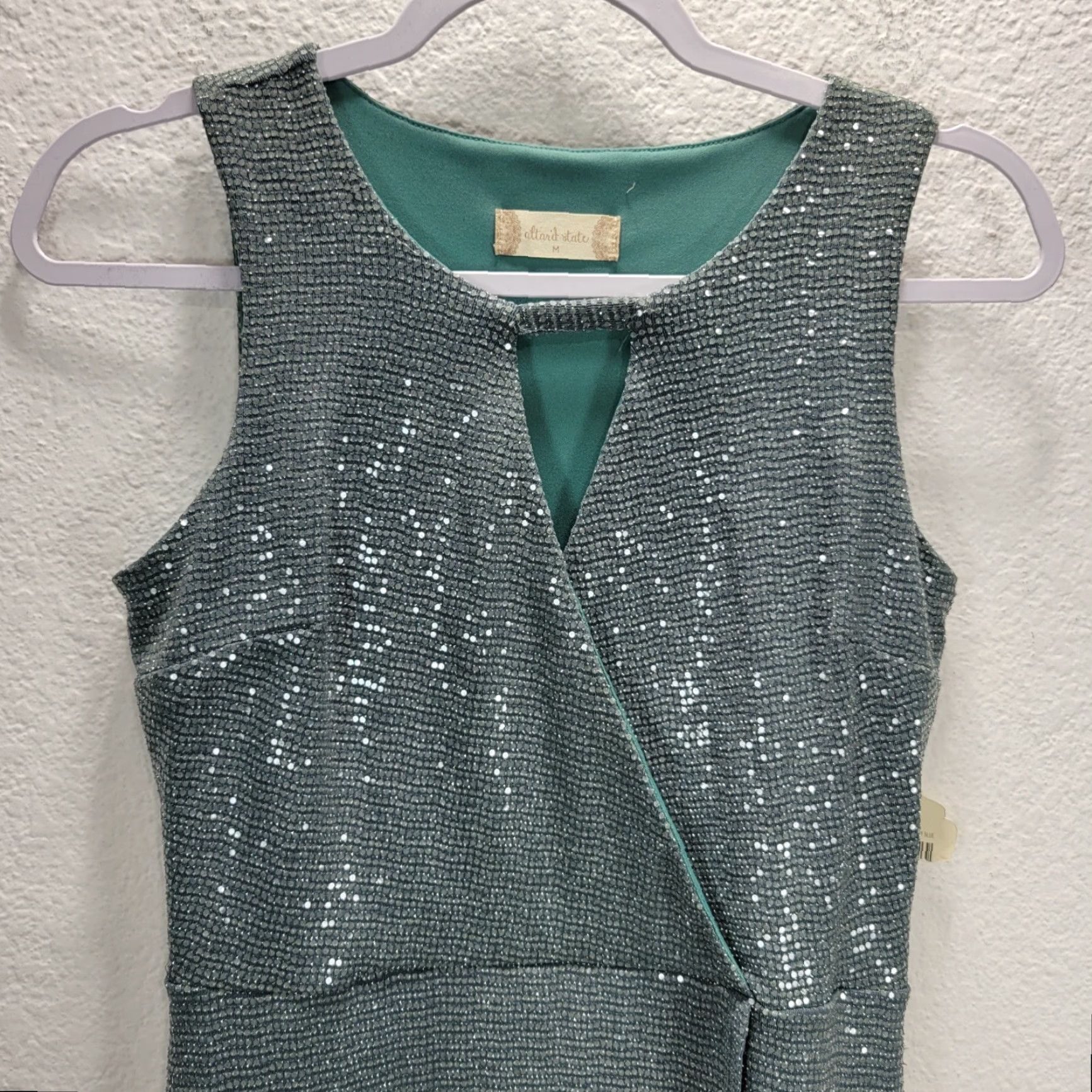 Vintage Altar'd State Womens Tank Dress Sleeveless Faux Wrap Knee Length Green/Silver Shimmer M Size M / US 6-8 / IT 42-44 - 4 Thumbnail