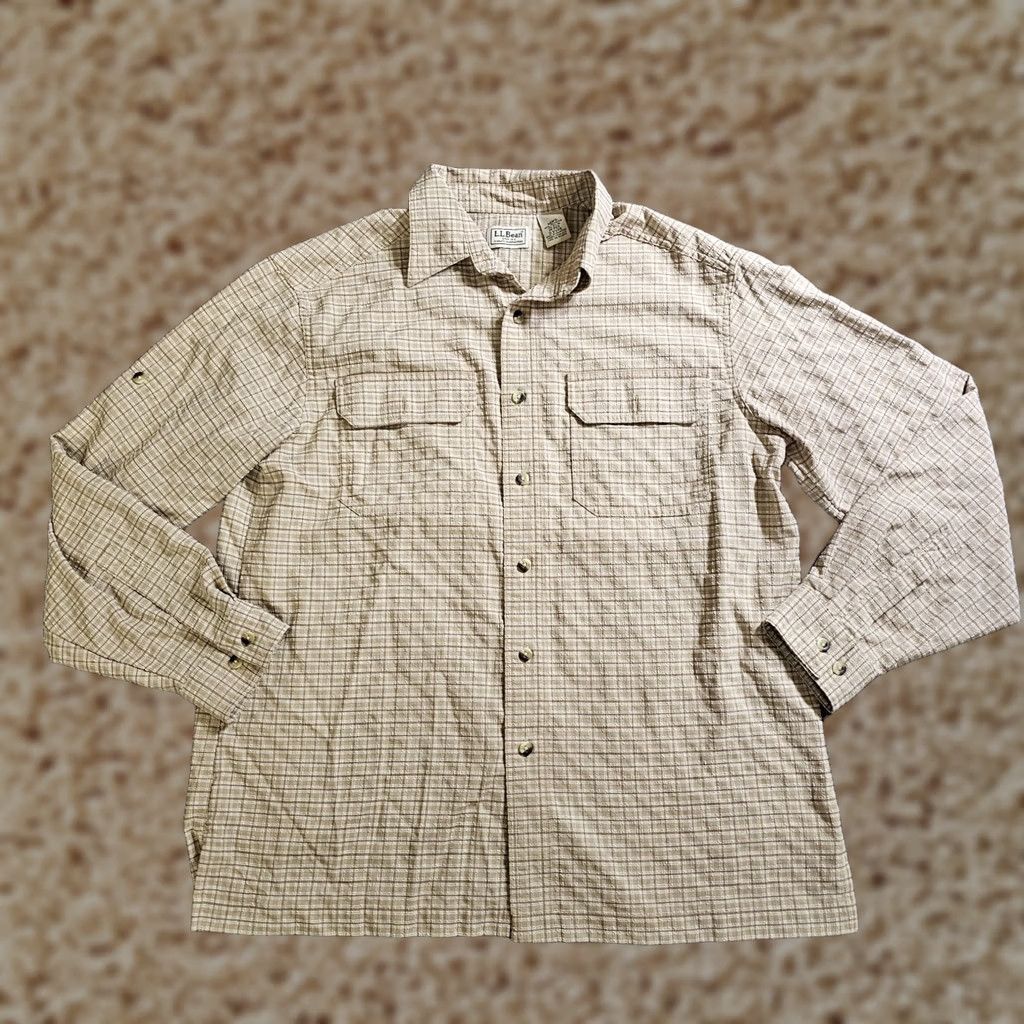 Vintage L.L. Bean Shirt Mens Medium Beige Plaid Button-Up Long Sleeve Casual Texture Size US M / EU 48-50 / 2 - 1 Thumbnail